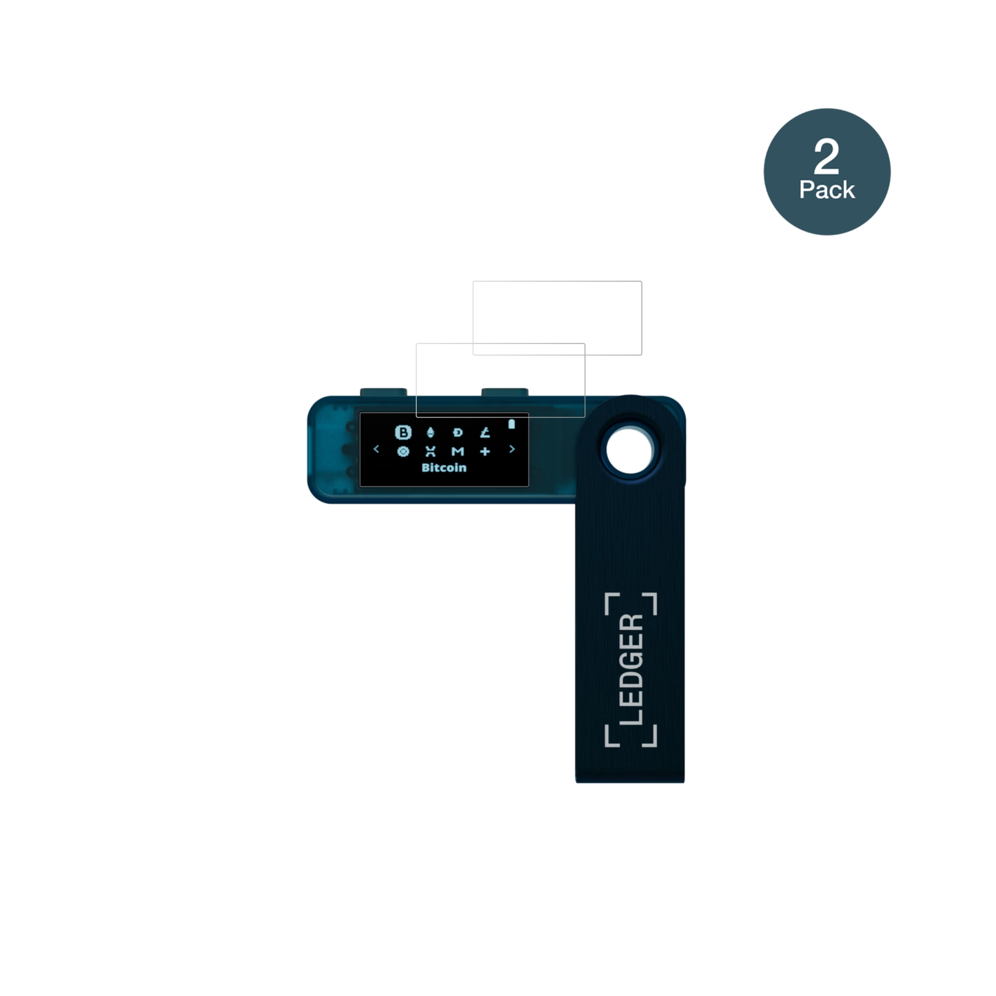 LedgerNano S Plus mit aufgebrachter dipos Flex Schutzfolie, glasklare Darstellung ohne Einschränkungen