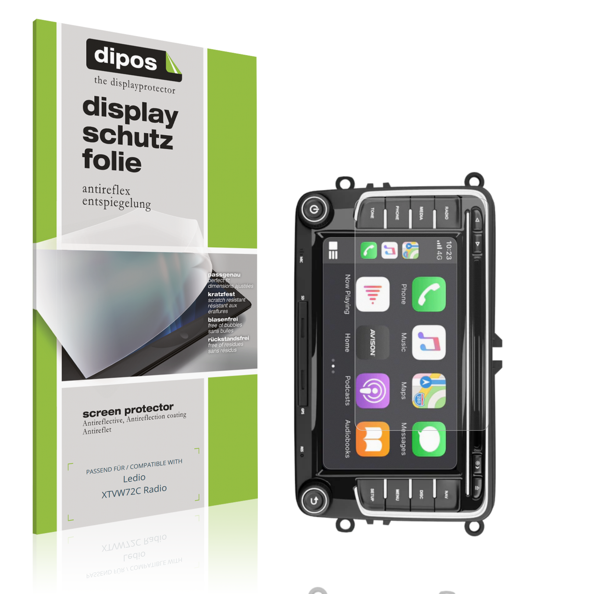 Matte Displayschutzfolie von dipos passend für Ledio XTVW72C Radio, präziser Zuschnitt und blasenfrei montiert