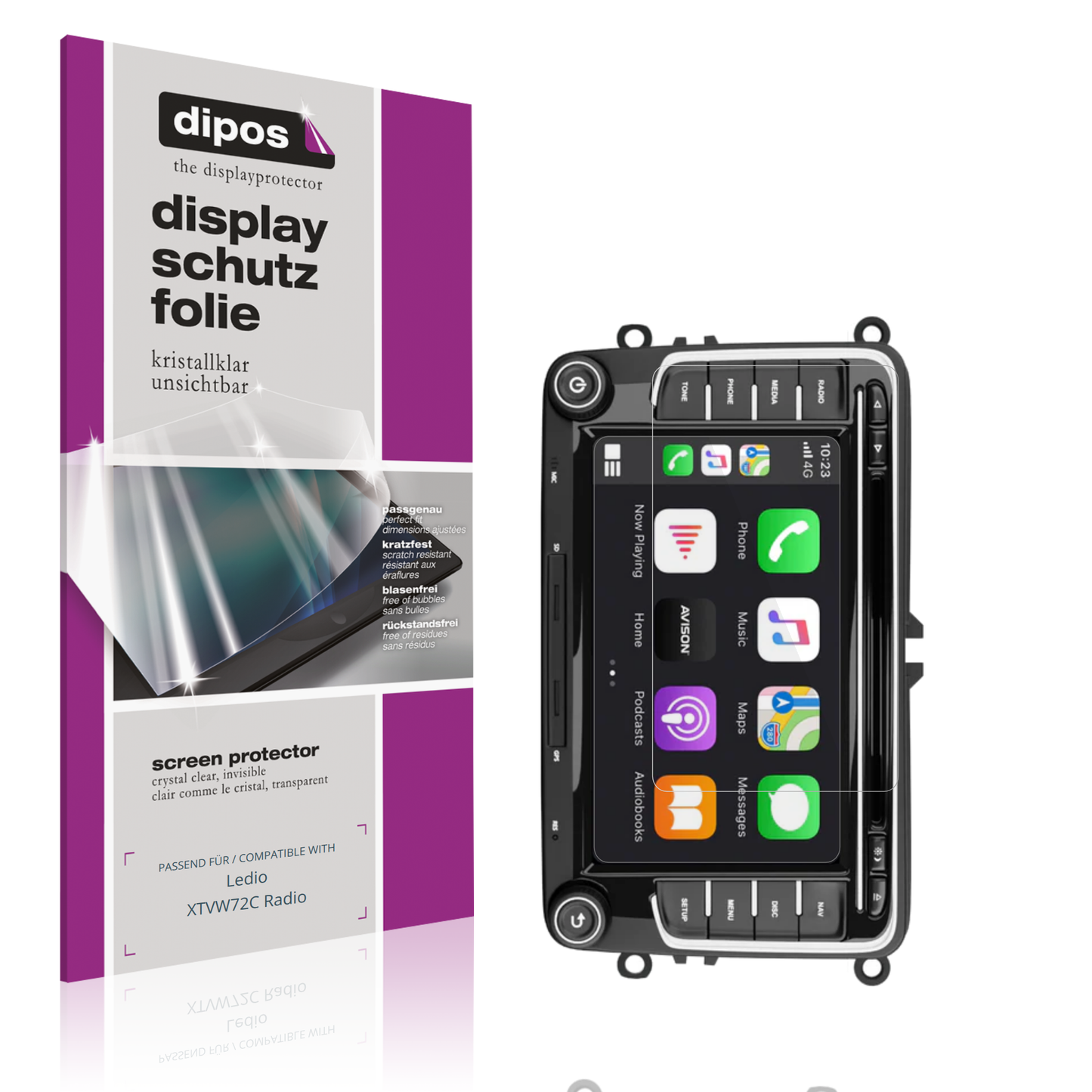 Klare Displayschutzfolie von dipos passend für Ledio XTVW72C Radio, präziser Zuschnitt und blasenfrei montiert