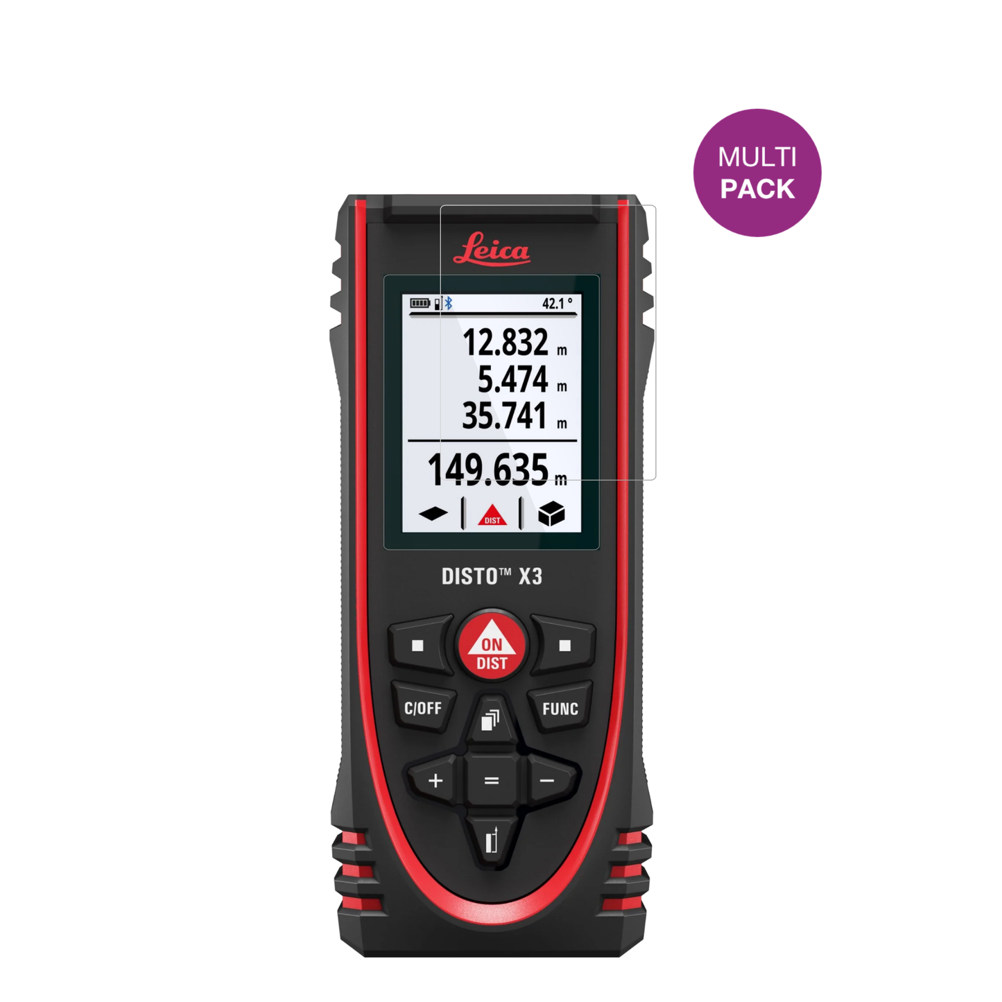 LeicaDisto X3 mit aufgebrachter dipos Displayschutzfolie, glasklare Darstellung ohne Einschränkungen
