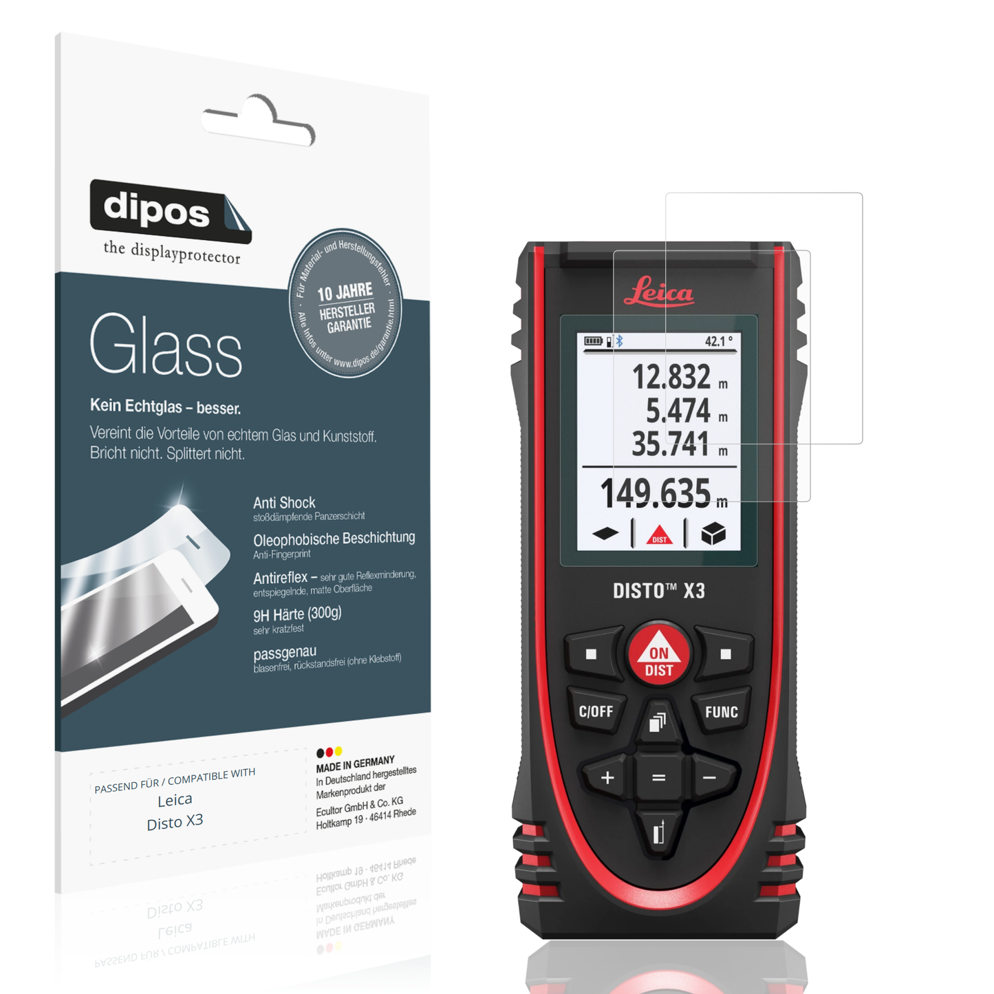 Matte Displayschutzfolie von dipos passend für Leica Disto X3, 9H kratzfest und blasenfrei montiert