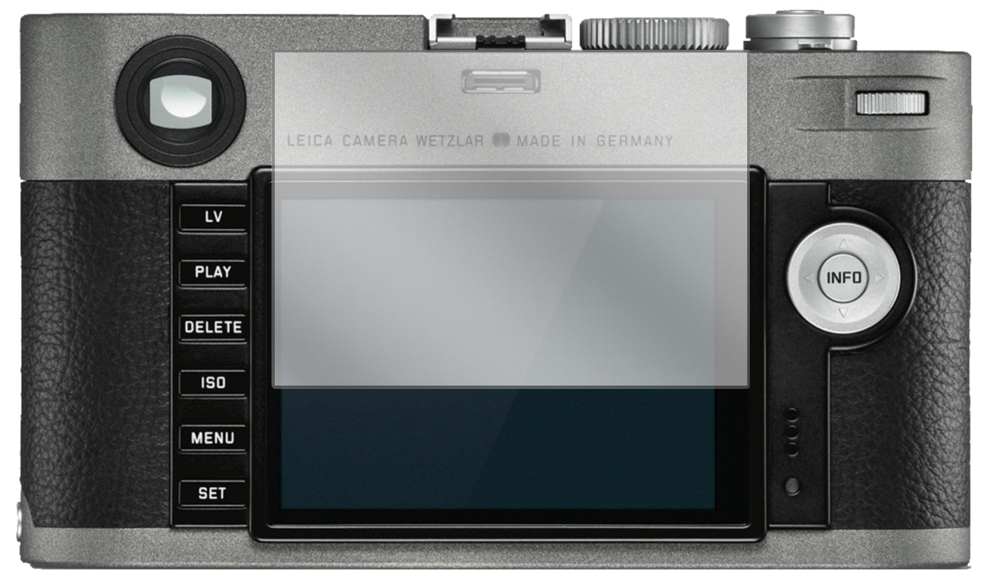 LeicaM-E (Typ) 240 mit aufgebrachter dipos Displayschutzfolie, glasklare Darstellung ohne Einschränkungen