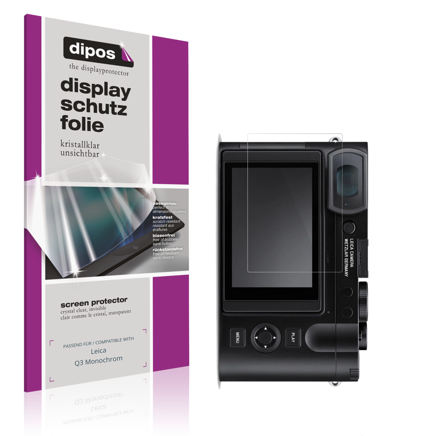 Klare Displayschutzfolie von dipos passend für Leica Q3 Monochrom, präziser Zuschnitt und blasenfrei montiert