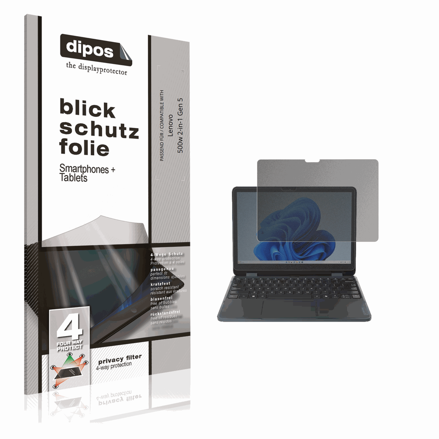 Blickschutzfolie von dipos passend für Lenovo 500w 2-in-1 Gen 5, präziser Zuschnitt und blasenfrei montiert