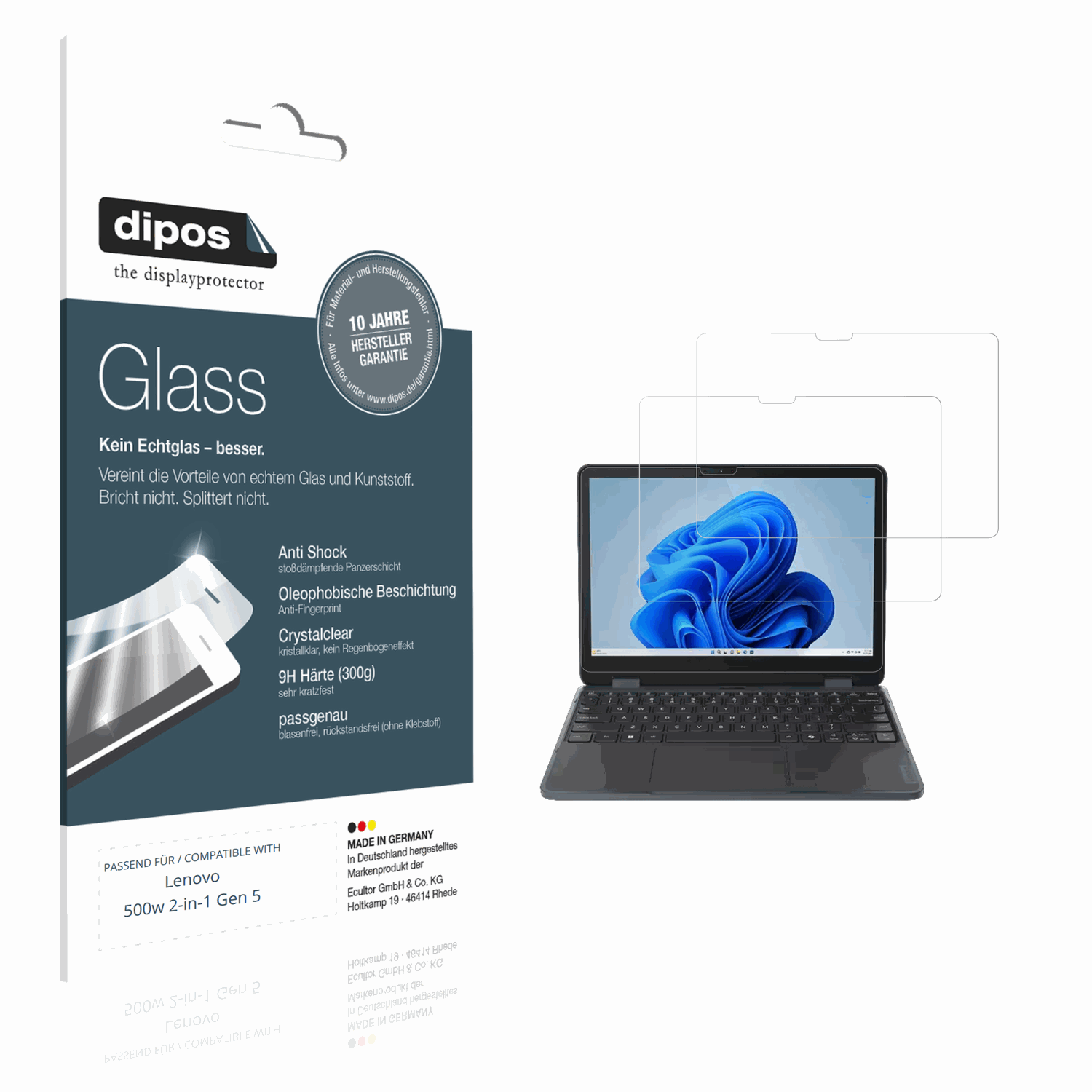 Klare Displayschutzfolie von dipos passend für Lenovo 500w 2-in-1 Gen 5, 9H kratzfest und blasenfrei montiert