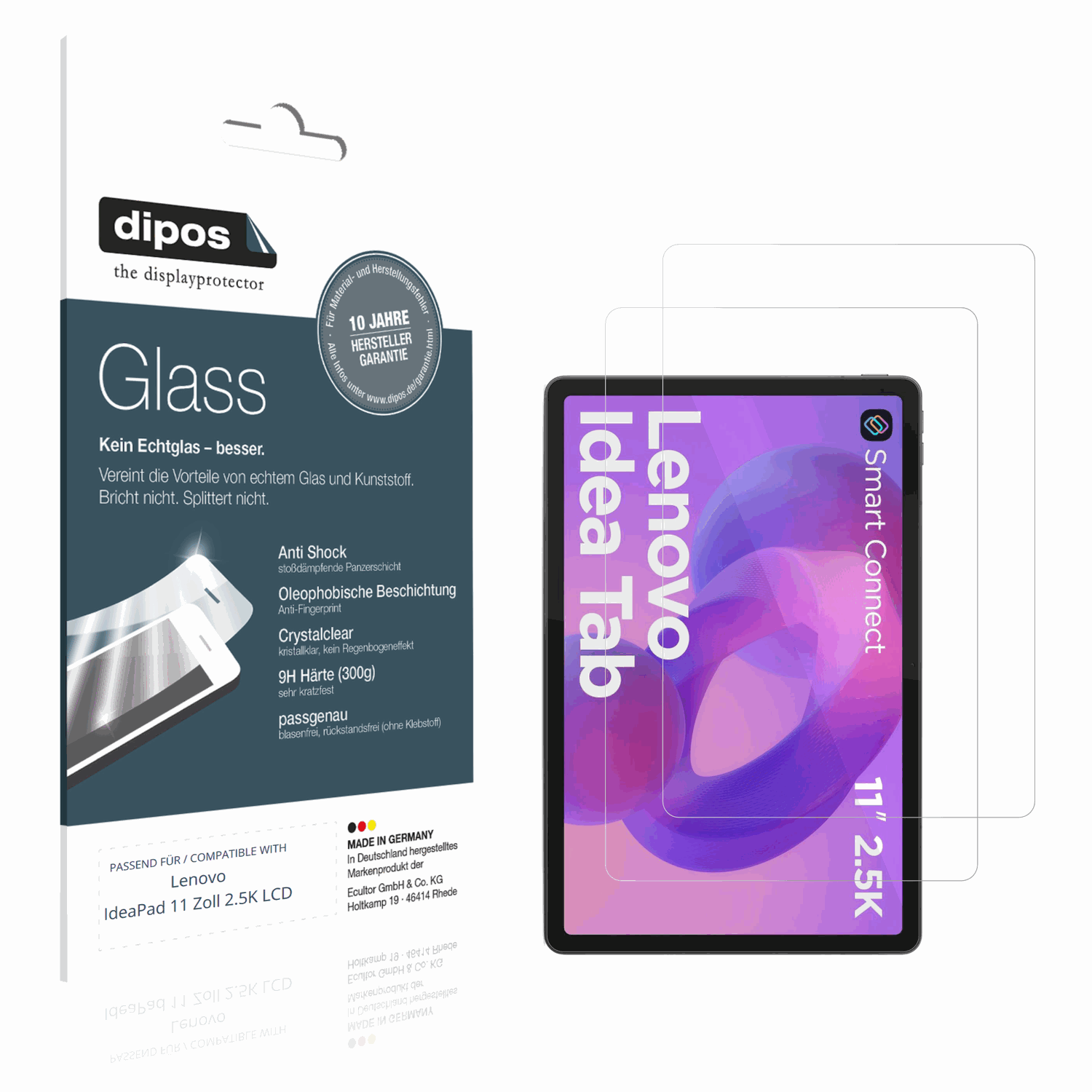 Klare Displayschutzfolie von dipos passend für Lenovo IdeaPad 11 Zoll 2.5K LCD, 9H kratzfest und blasenfrei montiert