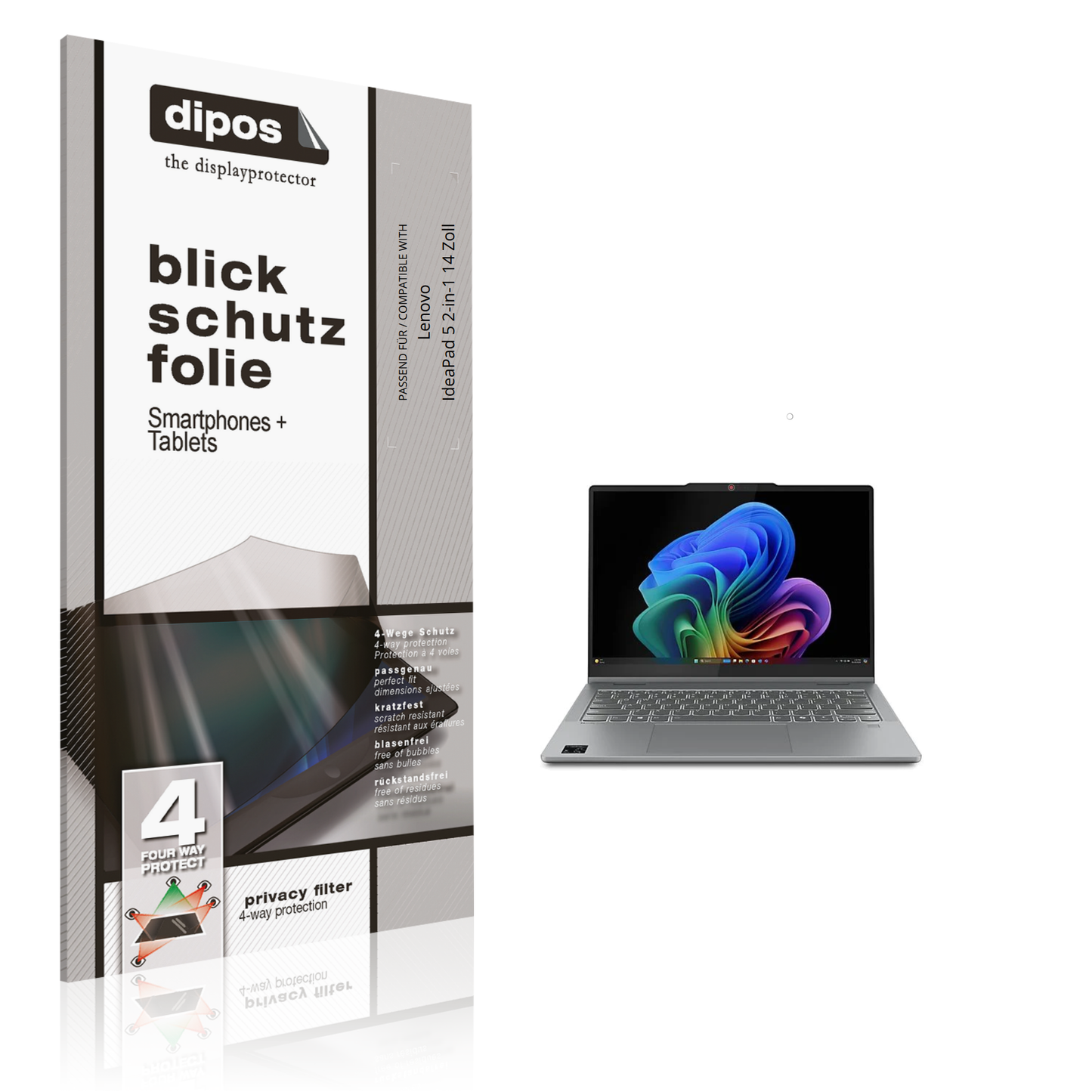 Blickschutzfolie von dipos passend für Lenovo IdeaPad 5 2-in-1 14 Zoll, präziser Zuschnitt und blasenfrei montiert