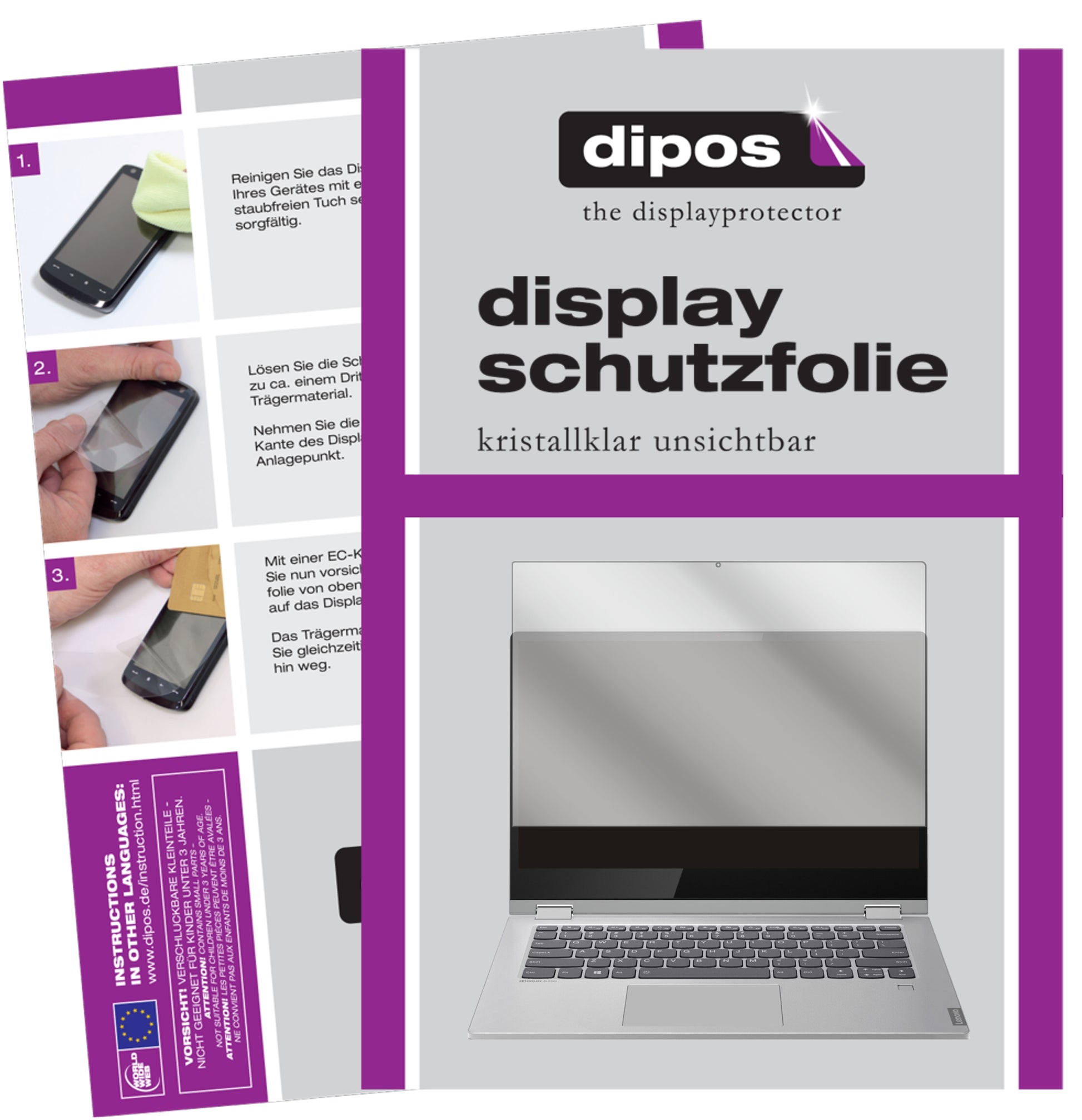 Klare Displayschutzfolie von dipos passend für Lenovo Ideapad C340 14 Zoll, präziser Zuschnitt und blasenfrei montiert