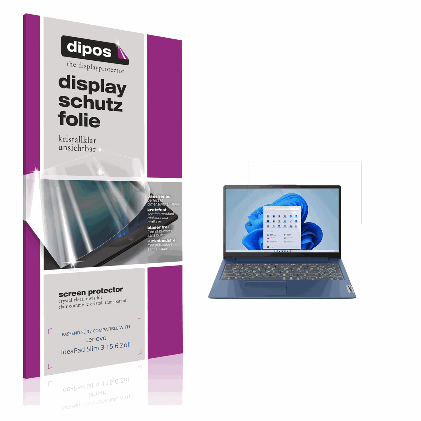 Klare Displayschutzfolie von dipos passend für Lenovo IdeaPad Slim 3 15.6 Zoll, präziser Zuschnitt und blasenfrei montiert