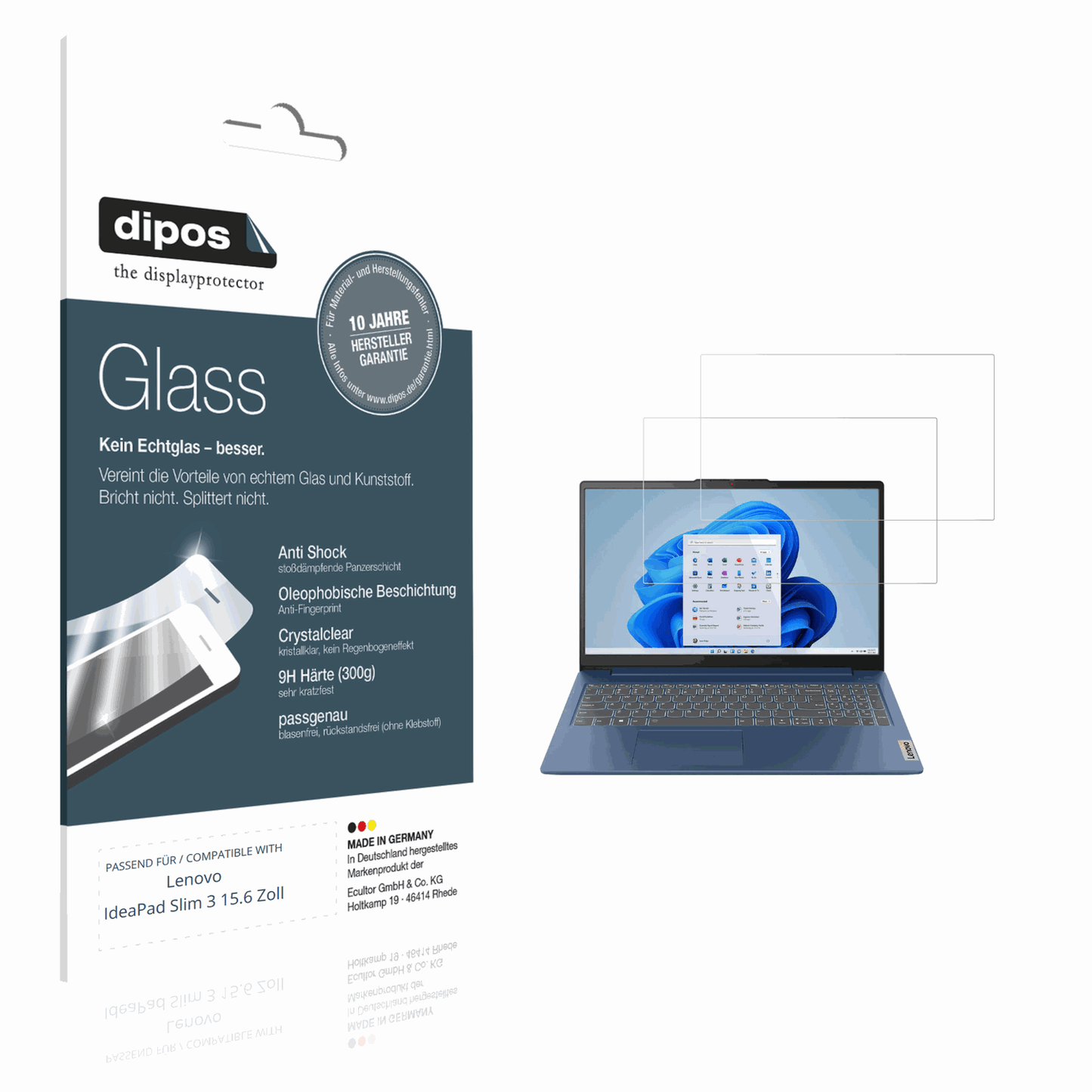 Klare Displayschutzfolie von dipos passend für Lenovo IdeaPad Slim 3 15.6 Zoll, 9H kratzfest und blasenfrei montiert