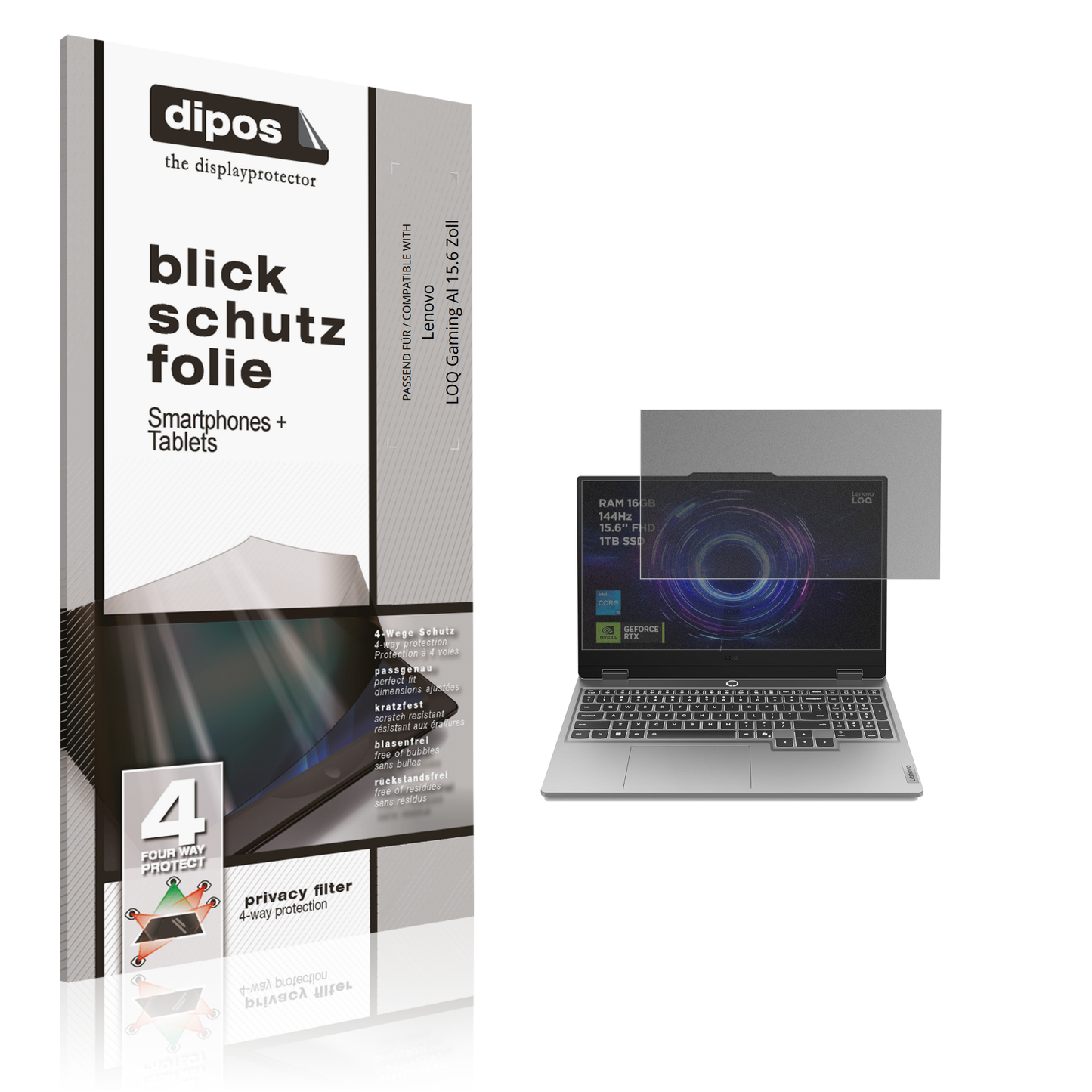 Blickschutzfolie von dipos passend für Lenovo LOQ Gaming AI 15.6 Zoll, präziser Zuschnitt und blasenfrei montiert