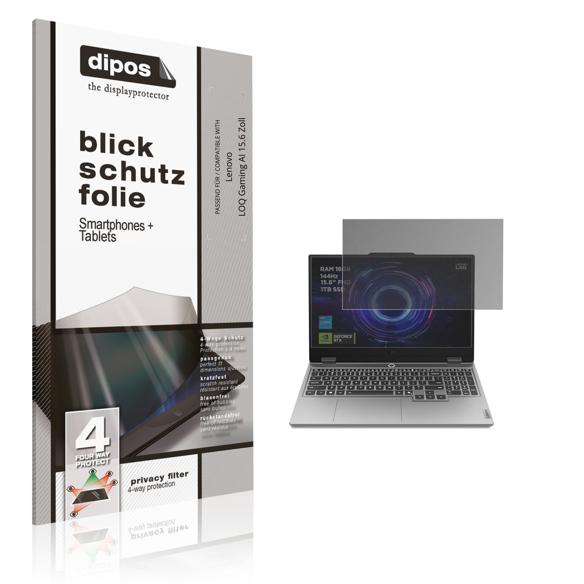 Blickschutzfolie von dipos passend für Lenovo LOQ Gaming AI 15.6 Zoll, präziser Zuschnitt und blasenfrei montiert