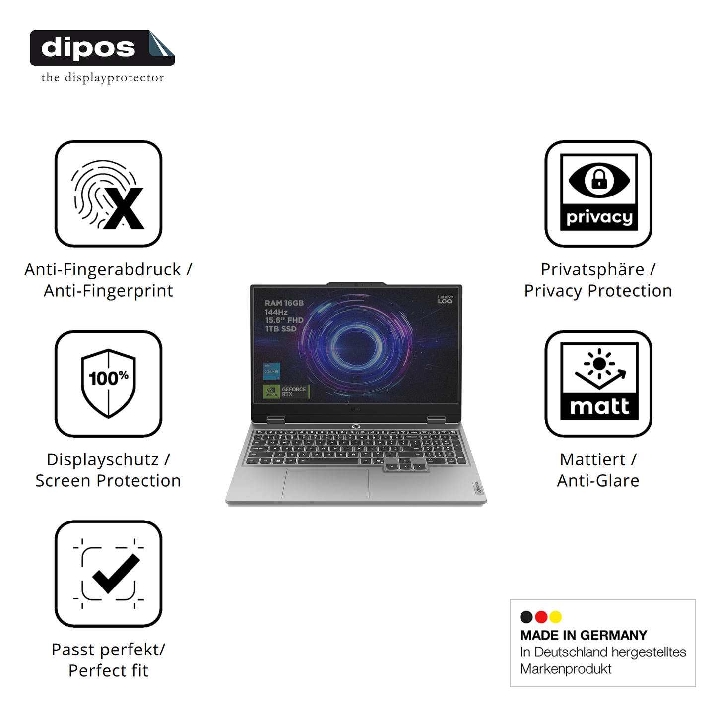 Privatsphäre-Schutz durch Sichtschutz-Folie passend zugeschnitten für Lenovo LOQ Gaming AI 15.6 Zoll