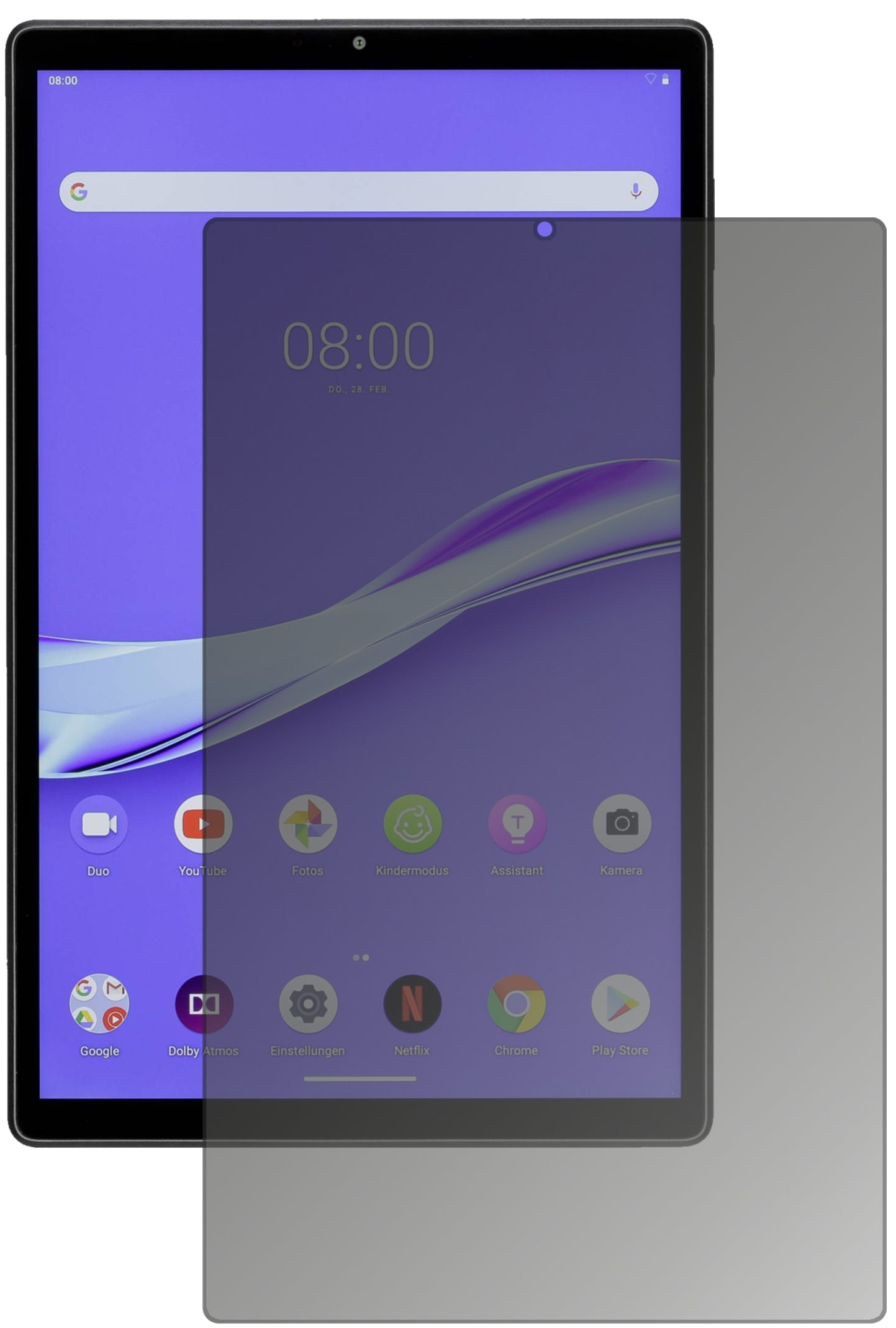 LenovoM10 Plus mit aufgebrachtem dipos Displayschutz, der seitliche Einblicke blockiert