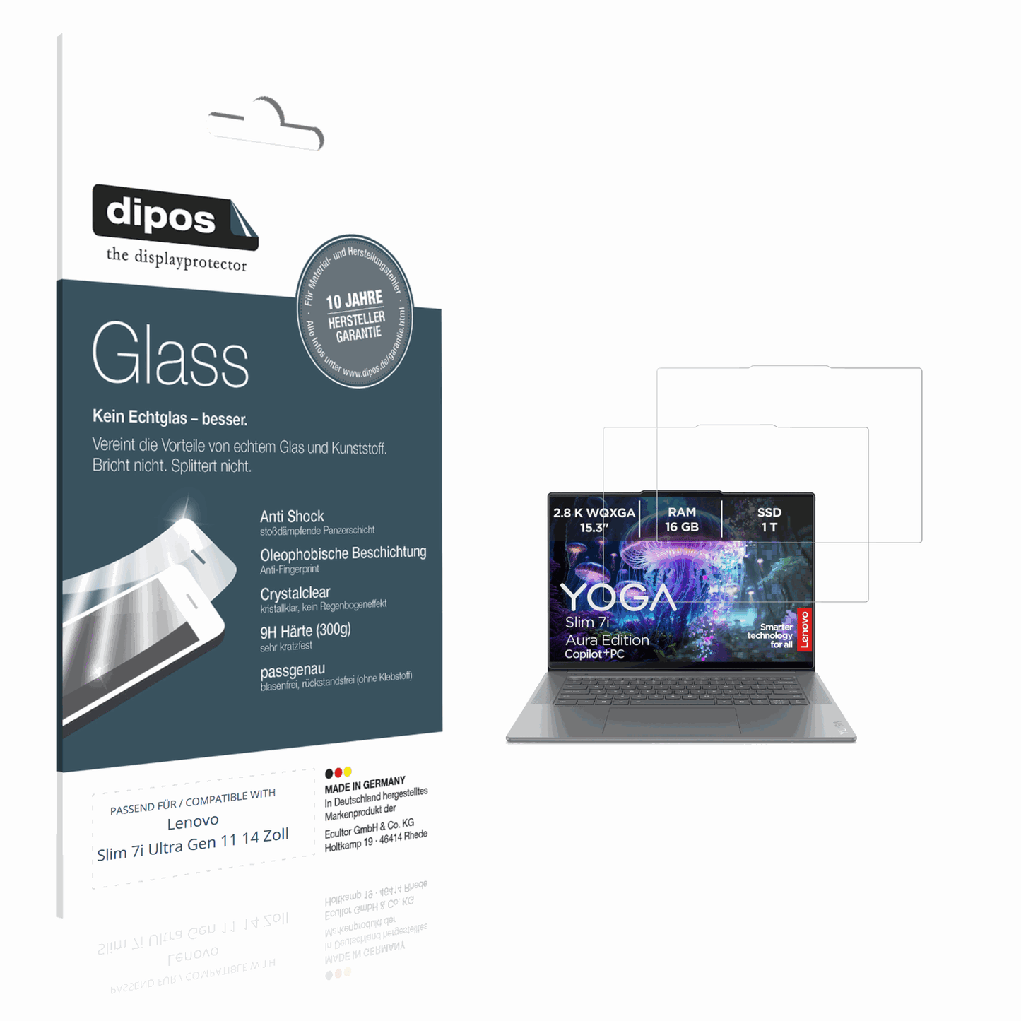 Klare Displayschutzfolie von dipos passend für Lenovo Slim 7i Ultra Gen 11 14 Zoll, 9H kratzfest und blasenfrei montiert