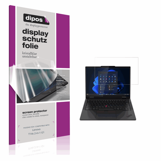 Klare Displayschutzfolie von dipos passend für Lenovo T14s 2-in-1 G1, präziser Zuschnitt und blasenfrei montiert