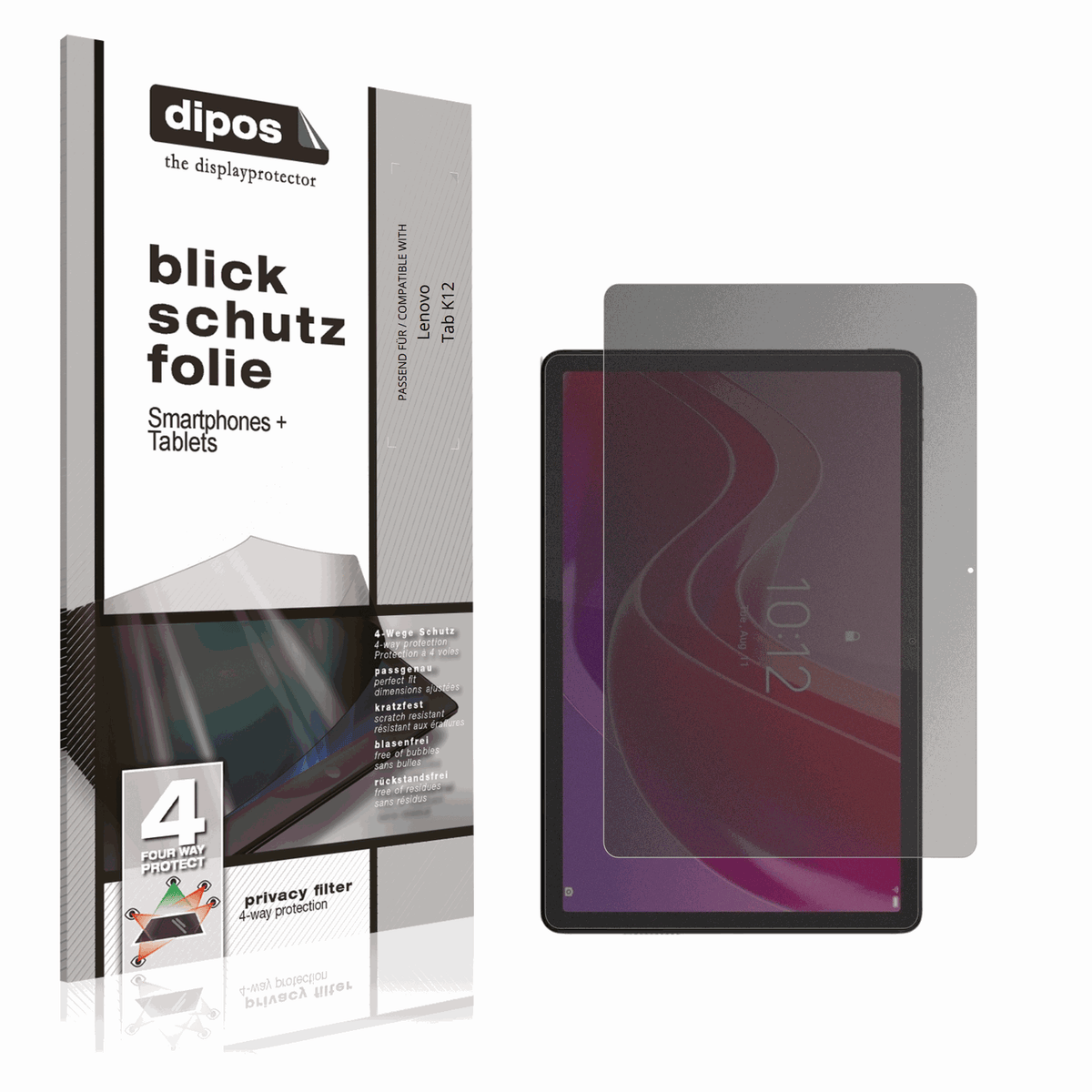 Blickschutzfolie von dipos passend für Lenovo Tab K12, präziser Zuschnitt und blasenfrei montiert