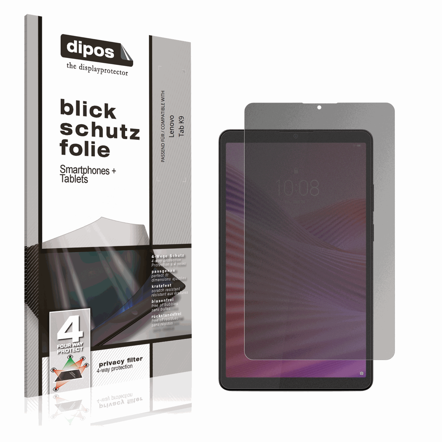 Blickschutzfolie von dipos passend für Lenovo Tab K9, präziser Zuschnitt und blasenfrei montiert