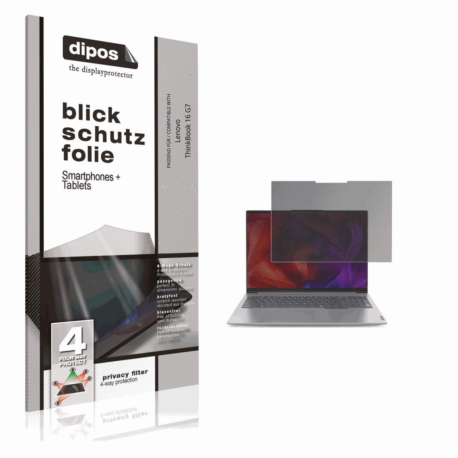 Blickschutzfolie von dipos passend für Lenovo ThinkBook 16 G7, präziser Zuschnitt und blasenfrei montiert
