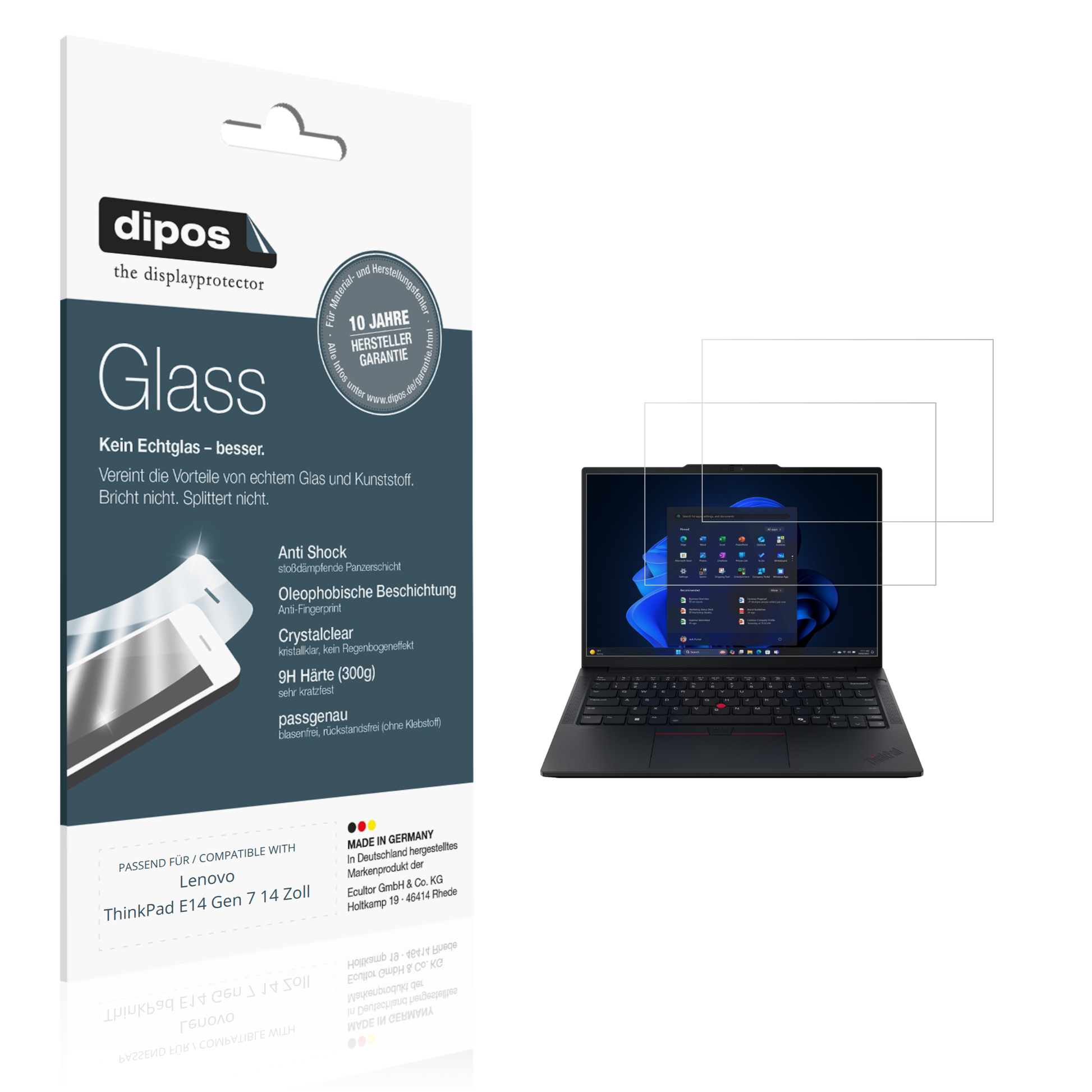 Klare Displayschutzfolie von dipos passend für Lenovo Thinkpad E14 Gen7 14 Zoll, 9H kratzfest und blasenfrei montiert