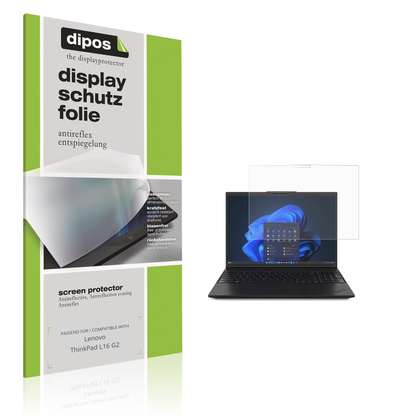 Matte Displayschutzfolie von dipos passend für Lenovo ThinkPad L16 G2, präziser Zuschnitt und blasenfrei montiert