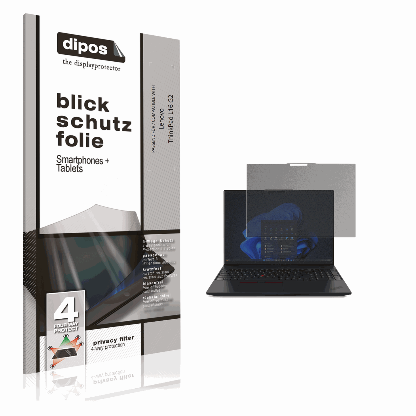 Blickschutzfolie von dipos passend für Lenovo ThinkPad L16 G2, präziser Zuschnitt und blasenfrei montiert