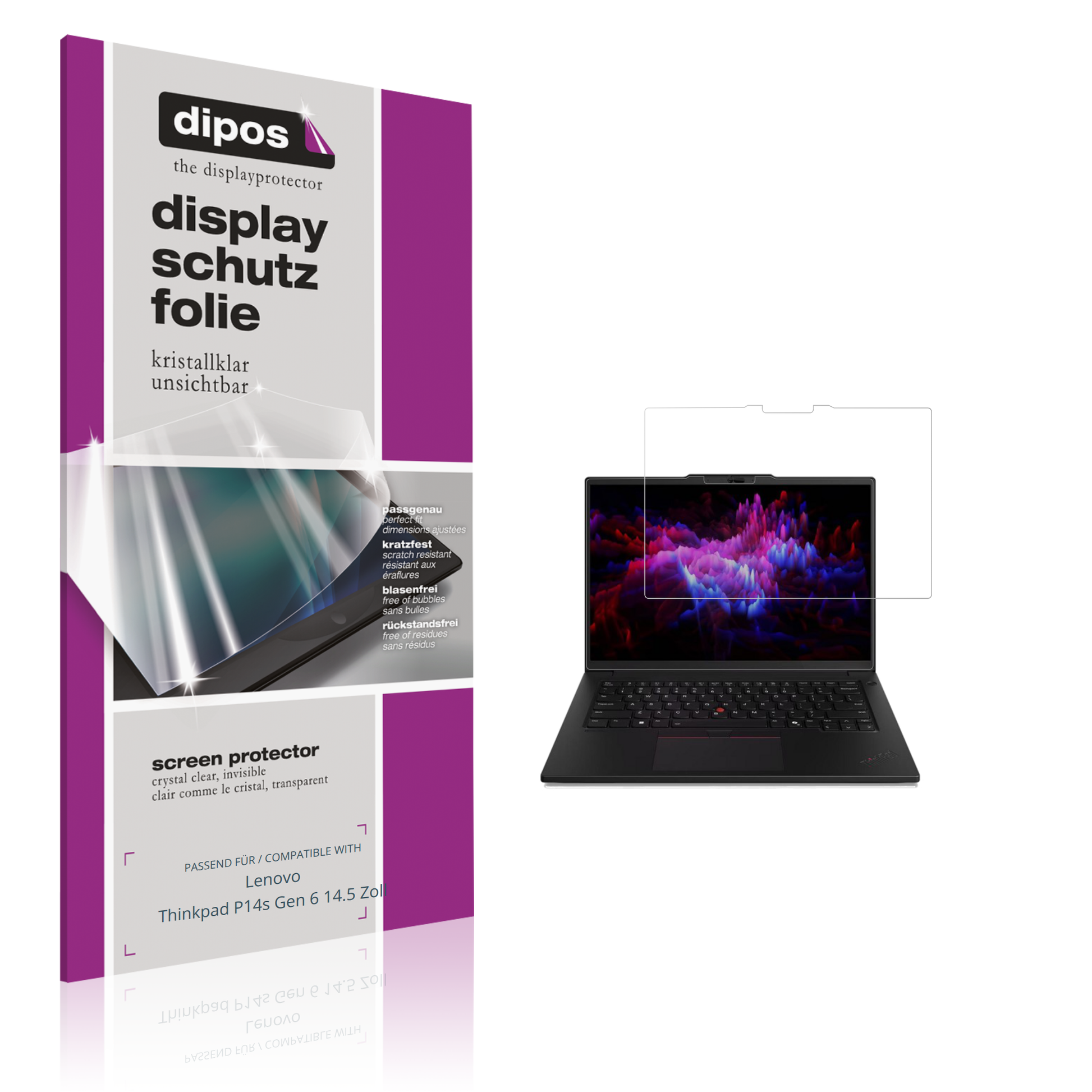 Klare Displayschutzfolie von dipos passend für lenovothinkpad p14s gen 6 14.5 zoll, präziser Zuschnitt und blasenfrei montiert