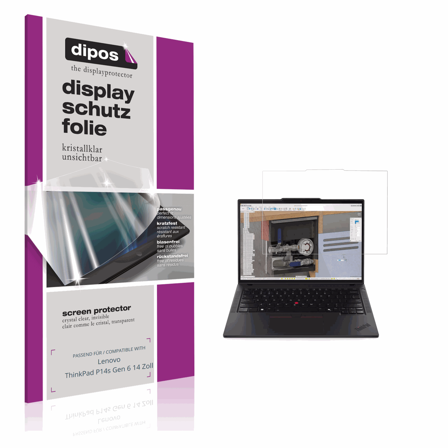 Klare Displayschutzfolie von dipos passend für Lenovo ThinkPad P14s Gen 6 14 Zoll, präziser Zuschnitt und blasenfrei montiert