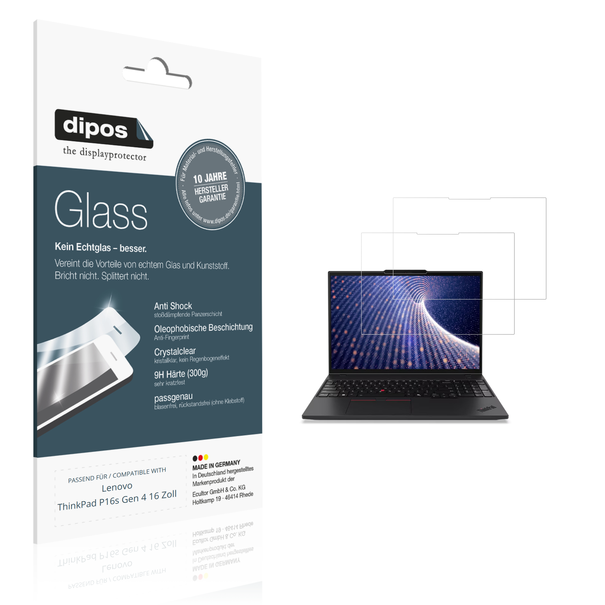 Klare Displayschutzfolie von dipos passend für Lenovo ThinkPad P16s Gen 4 16 Zoll, 9H kratzfest und blasenfrei montiert