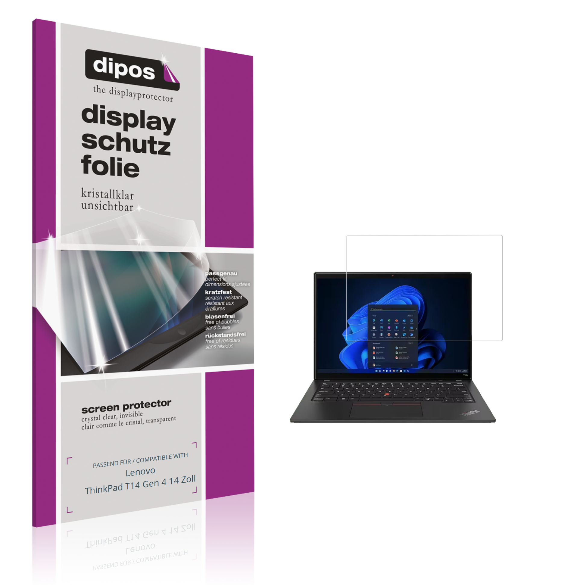 Klare Displayschutzfolie von dipos passend für Lenovo ThinkPad T14 Gen 4 14 Zoll, präziser Zuschnitt und blasenfrei montiert