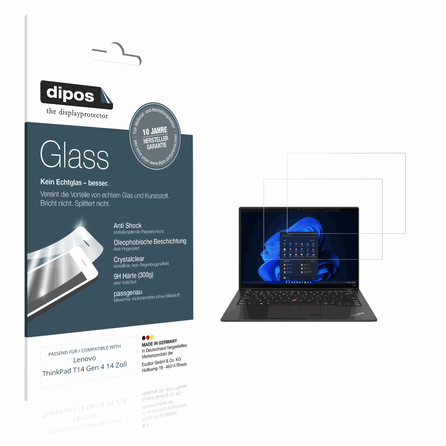 Klare Displayschutzfolie von dipos passend für Lenovo ThinkPad T14 Gen 4 14 Zoll, 9H kratzfest und blasenfrei montiert