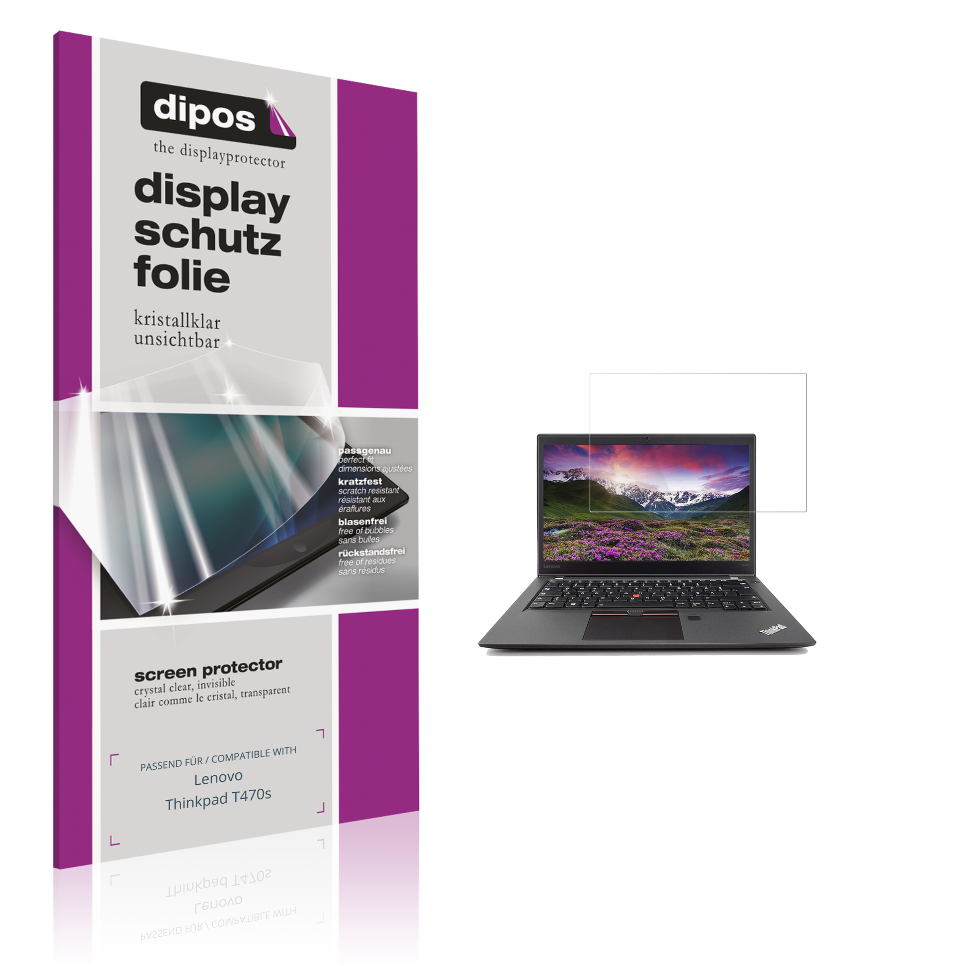 Klare Displayschutzfolie von dipos passend für Lenovo Thinkpad T470s, präziser Zuschnitt und blasenfrei montiert