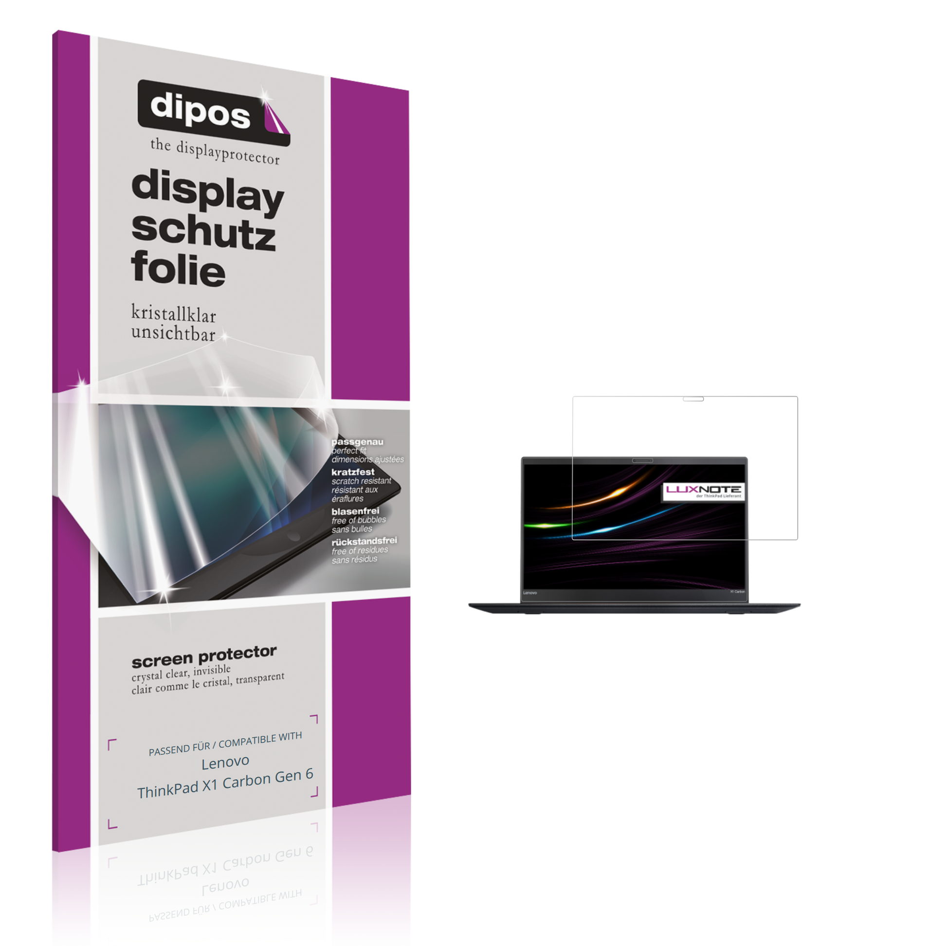 Klare Displayschutzfolie von dipos passend für Lenovo ThinkPad X1 Carbon Gen 6, präziser Zuschnitt und blasenfrei montiert