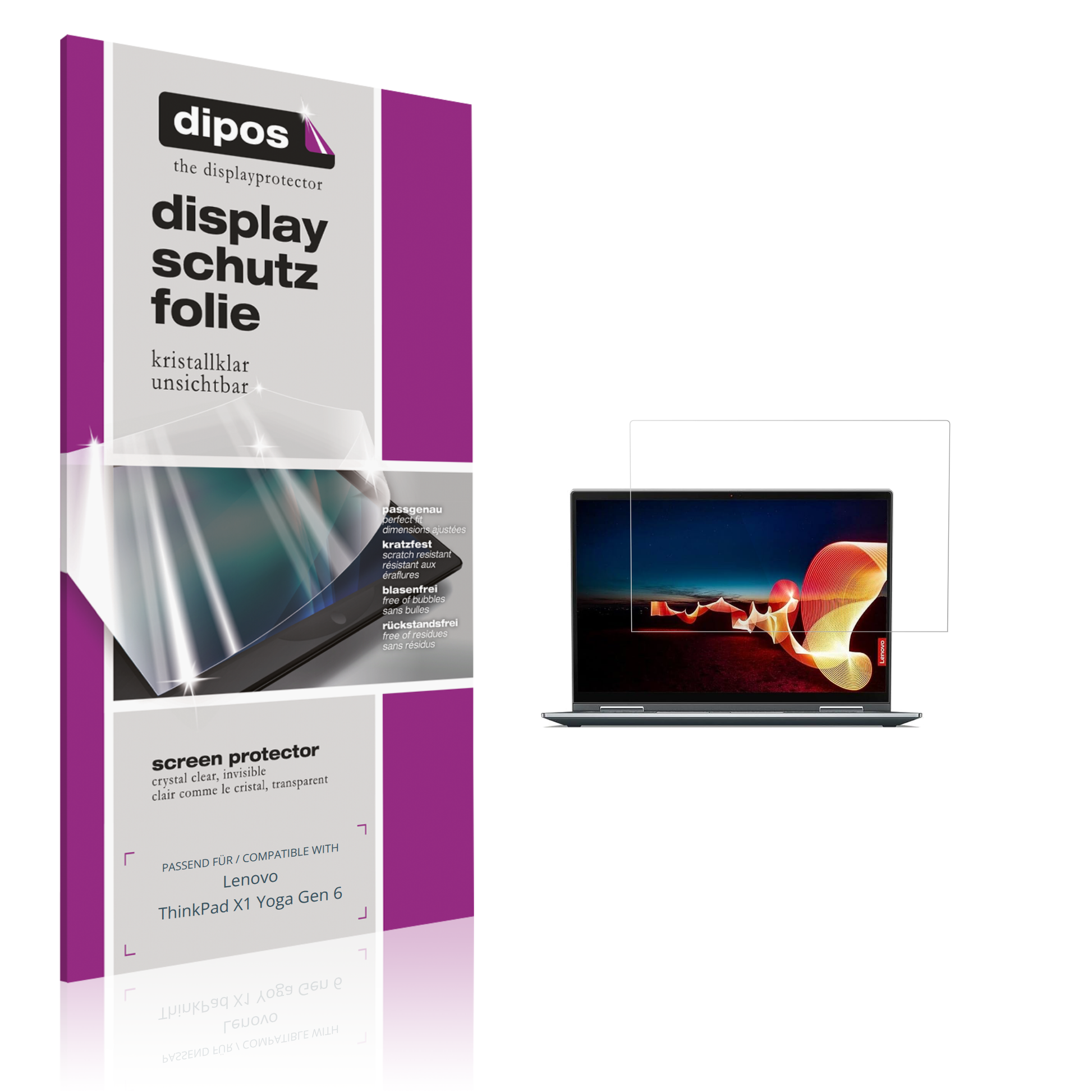 Klare Displayschutzfolie von dipos passend für Lenovo ThinkPad X1 Yoga Gen 6, präziser Zuschnitt und blasenfrei montiert