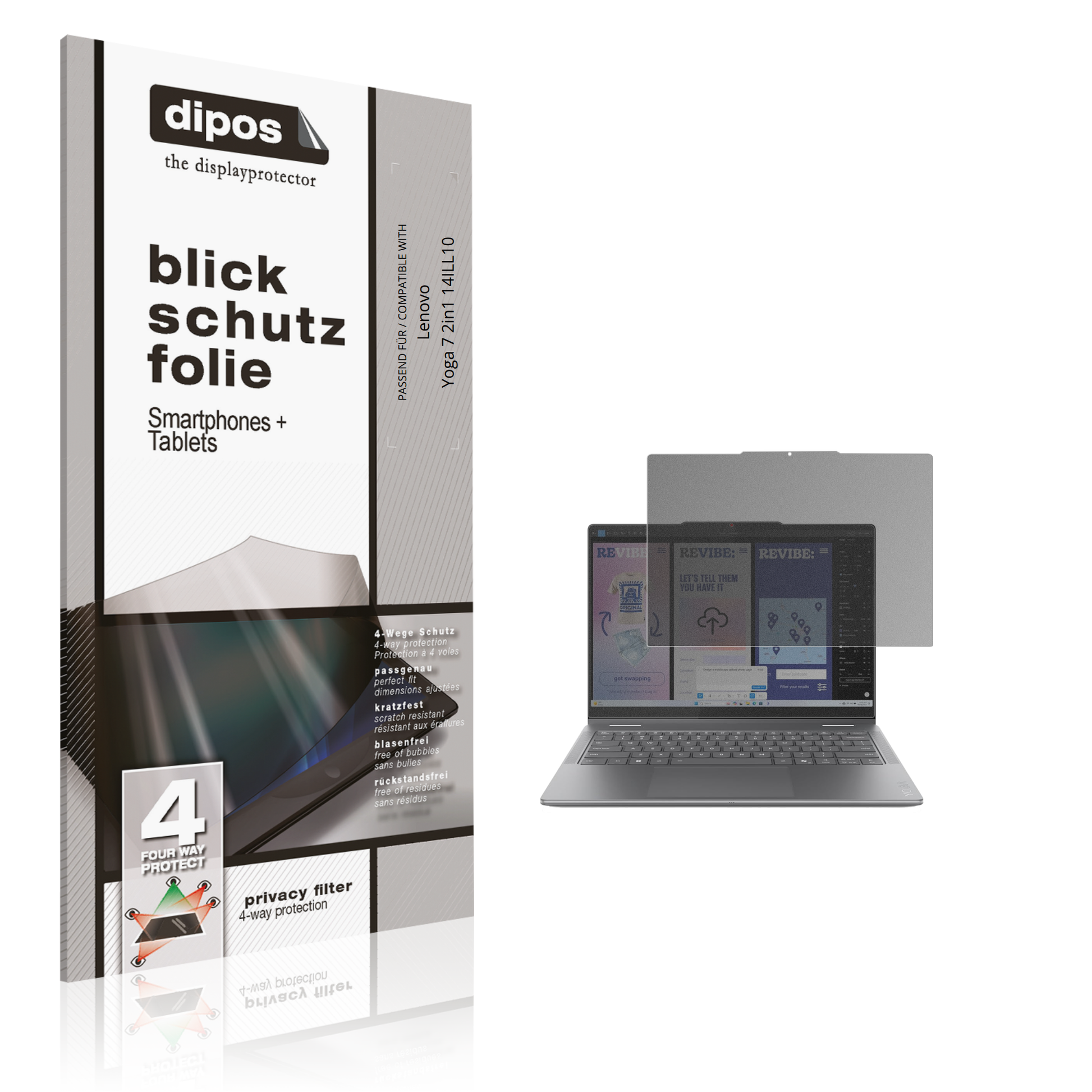 Blickschutzfolie von dipos passend für Lenovo Yoga 7 2in1 14ILL10, präziser Zuschnitt und blasenfrei montiert