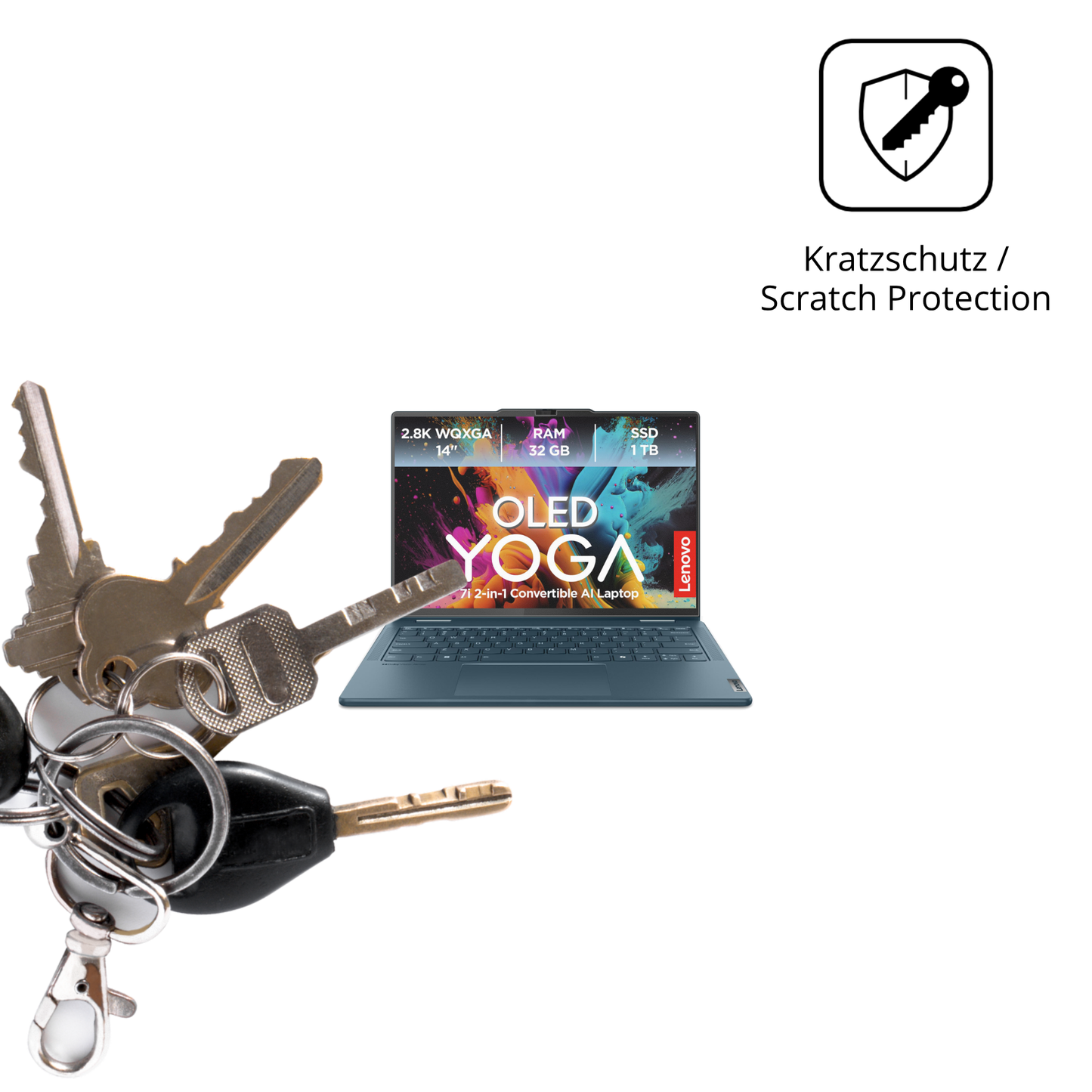 Schutz gegen Kratzer auf dem Lenovo Yoga 7i 2-in-1 Gen10 14 Zoll Glas durch Schlüssel oder Ähnliches