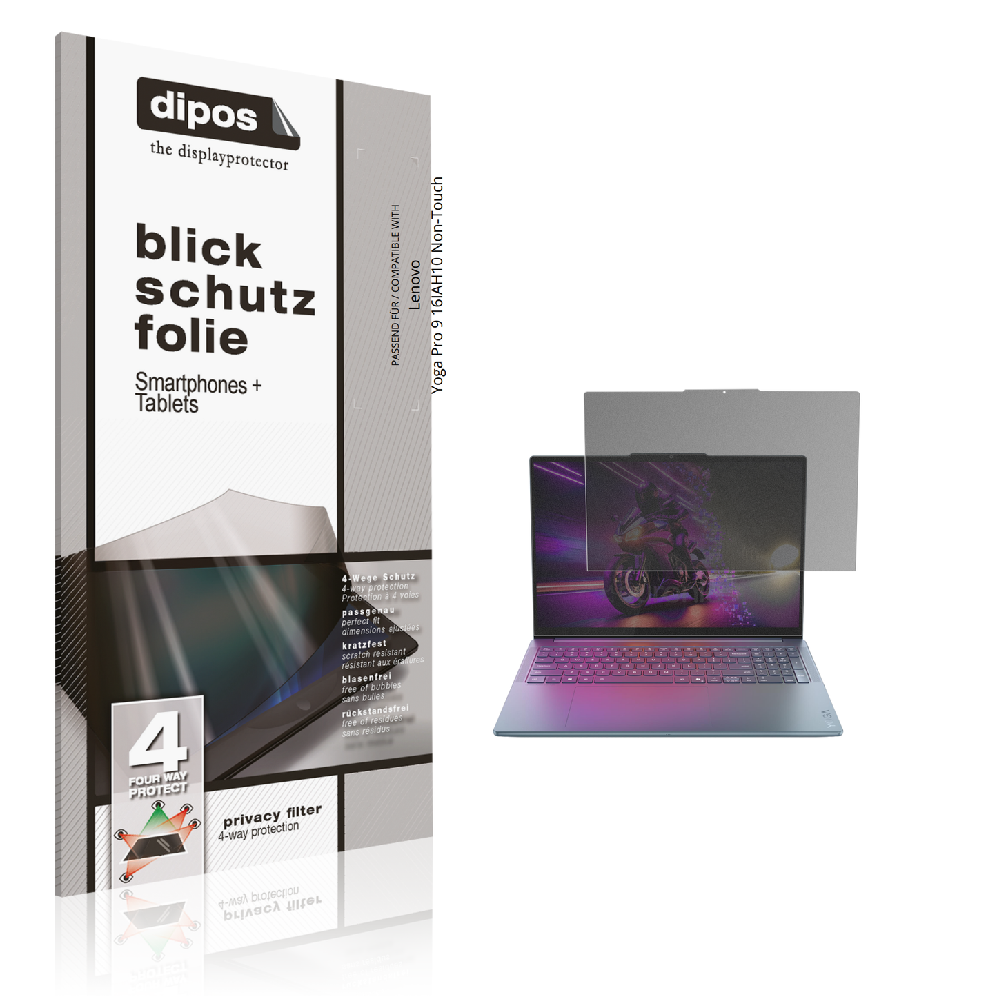 Blickschutzfolie von dipos passend für Lenovo Yoga Pro 9 16IAH10 Non-Touch, präziser Zuschnitt und blasenfrei montiert