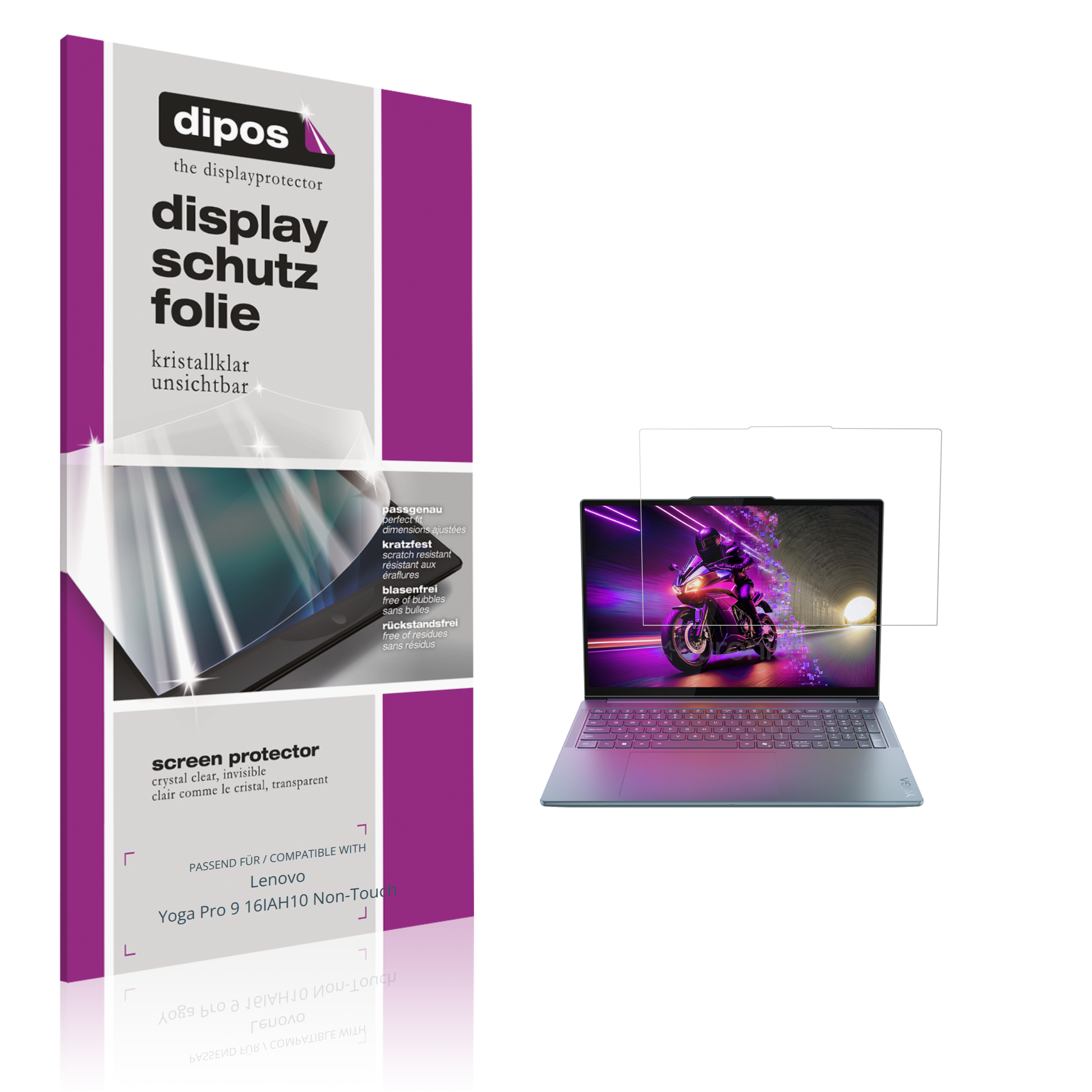 Klare Displayschutzfolie von dipos passend für Lenovo Yoga Pro 9 16IAH10 Non-Touch, präziser Zuschnitt und blasenfrei montiert