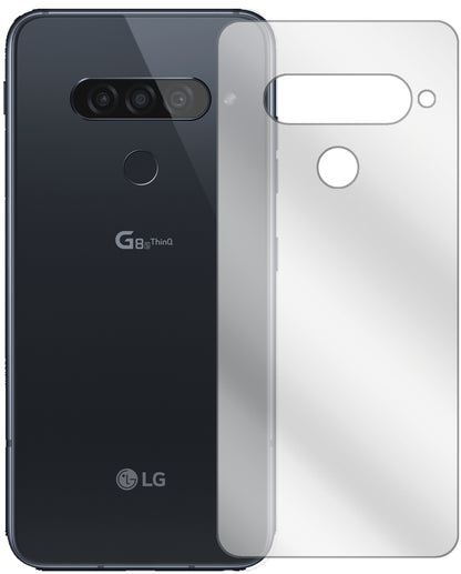 LGG8s ThinQ Rückseite mit aufgebrachter dipos Displayschutzfolie, glasklare Darstellung ohne Einschränkungen