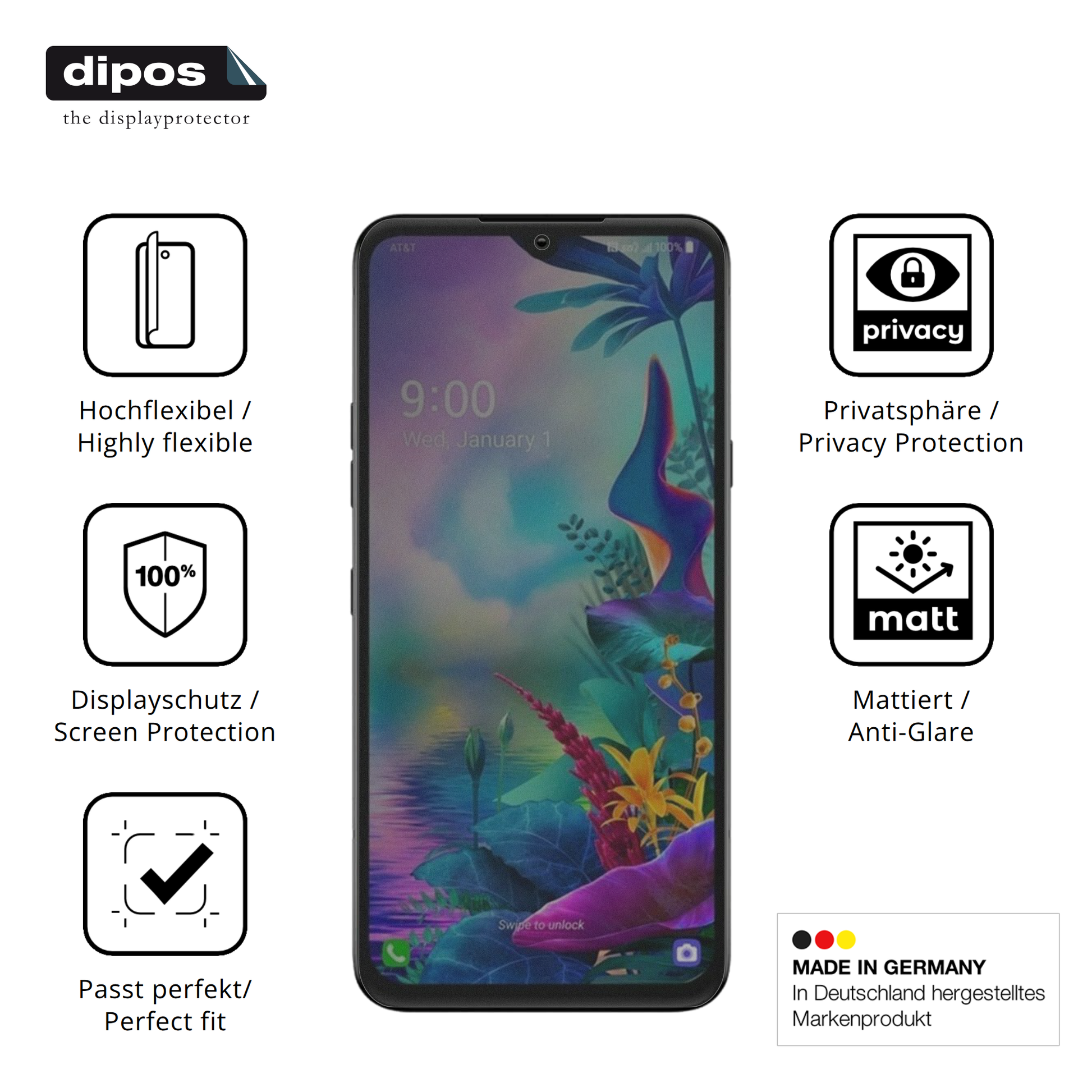 Flexible TPU-Folie passend zugeschnitten für LG G8x, mit Privatsphäre-Schutz durch Sichtschutz-Folie