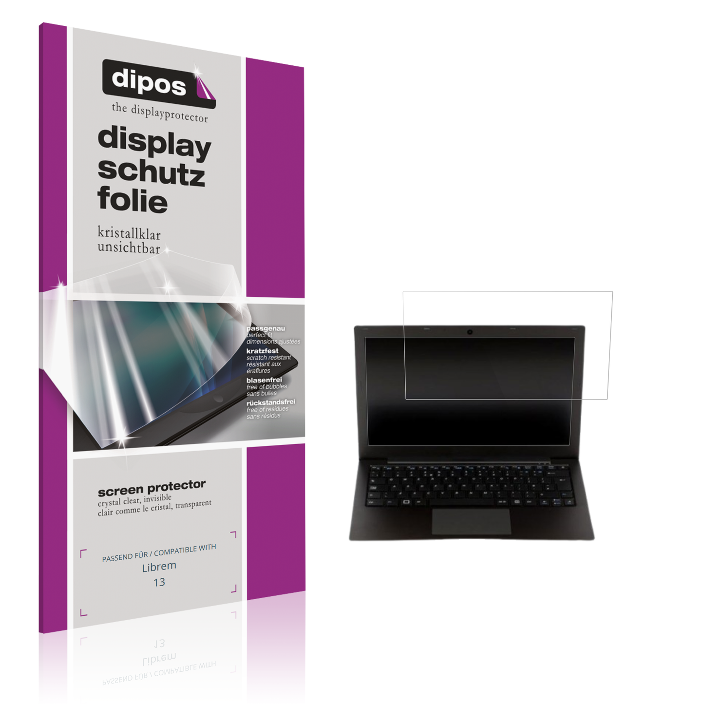 Klare Displayschutzfolie von dipos passend für librem13, präziser Zuschnitt und blasenfrei montiert