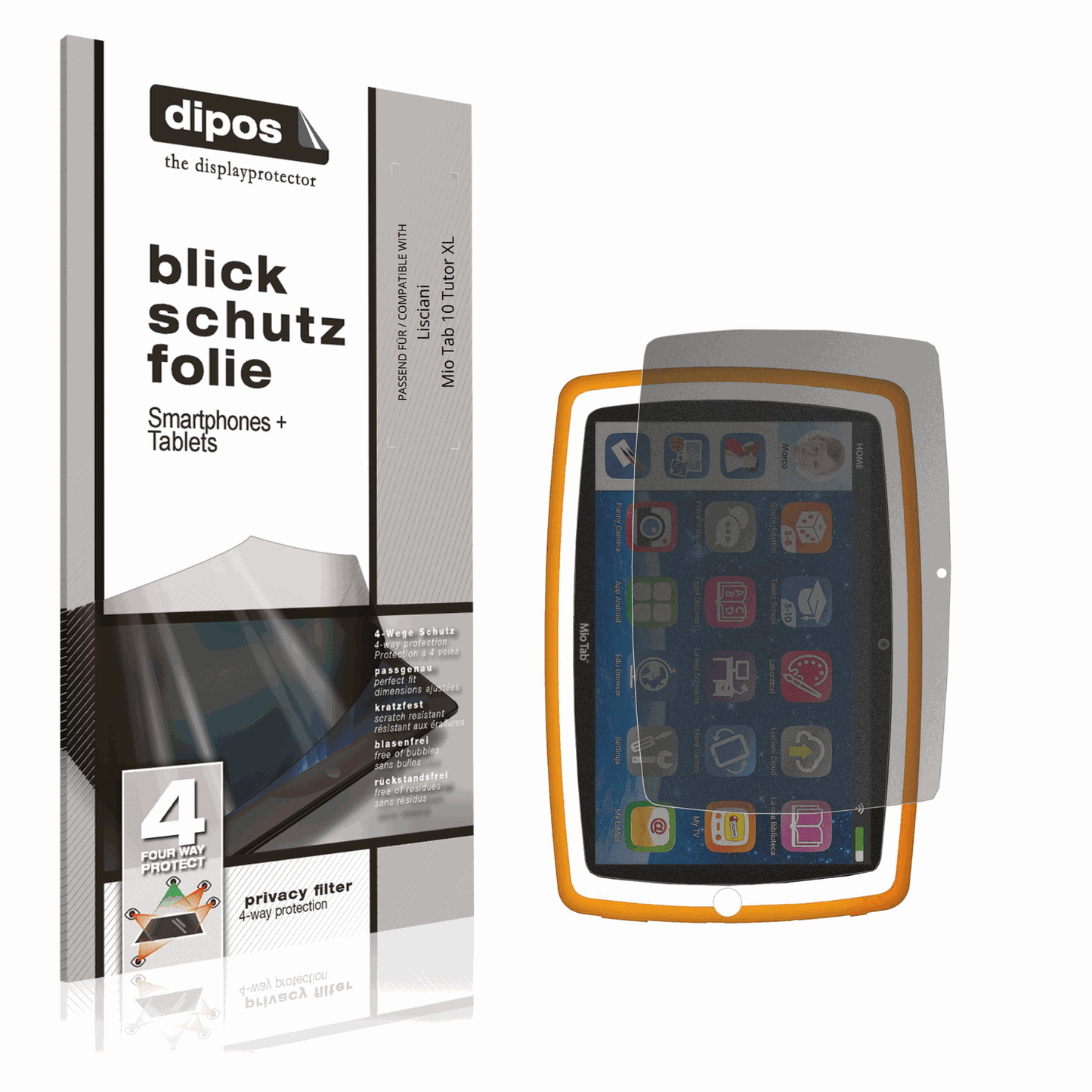 Blickschutzfolie von dipos passend für Lisciani Mio Tab 10 Tutor XL, präziser Zuschnitt und blasenfrei montiert