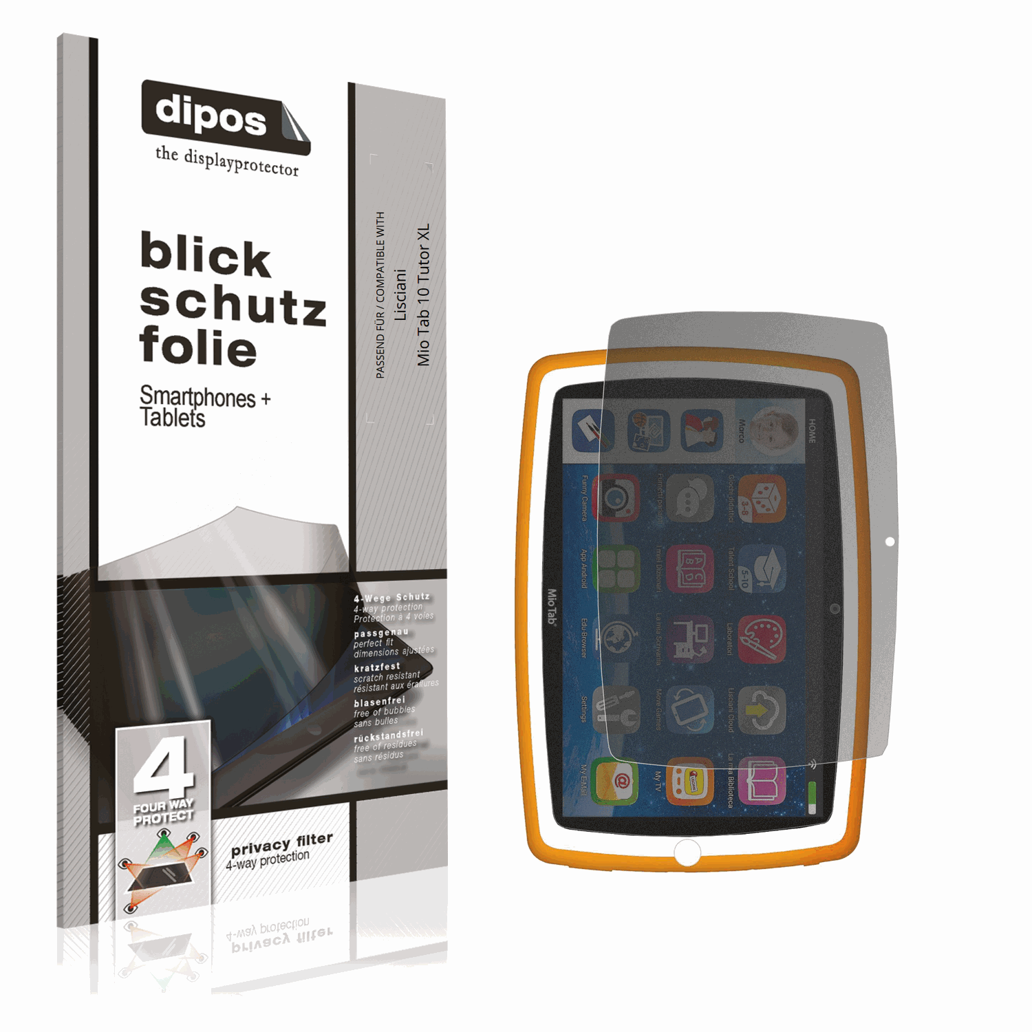 Blickschutzfolie von dipos passend für Lisciani Mio Tab 10 Tutor XL, präziser Zuschnitt und blasenfrei montiert