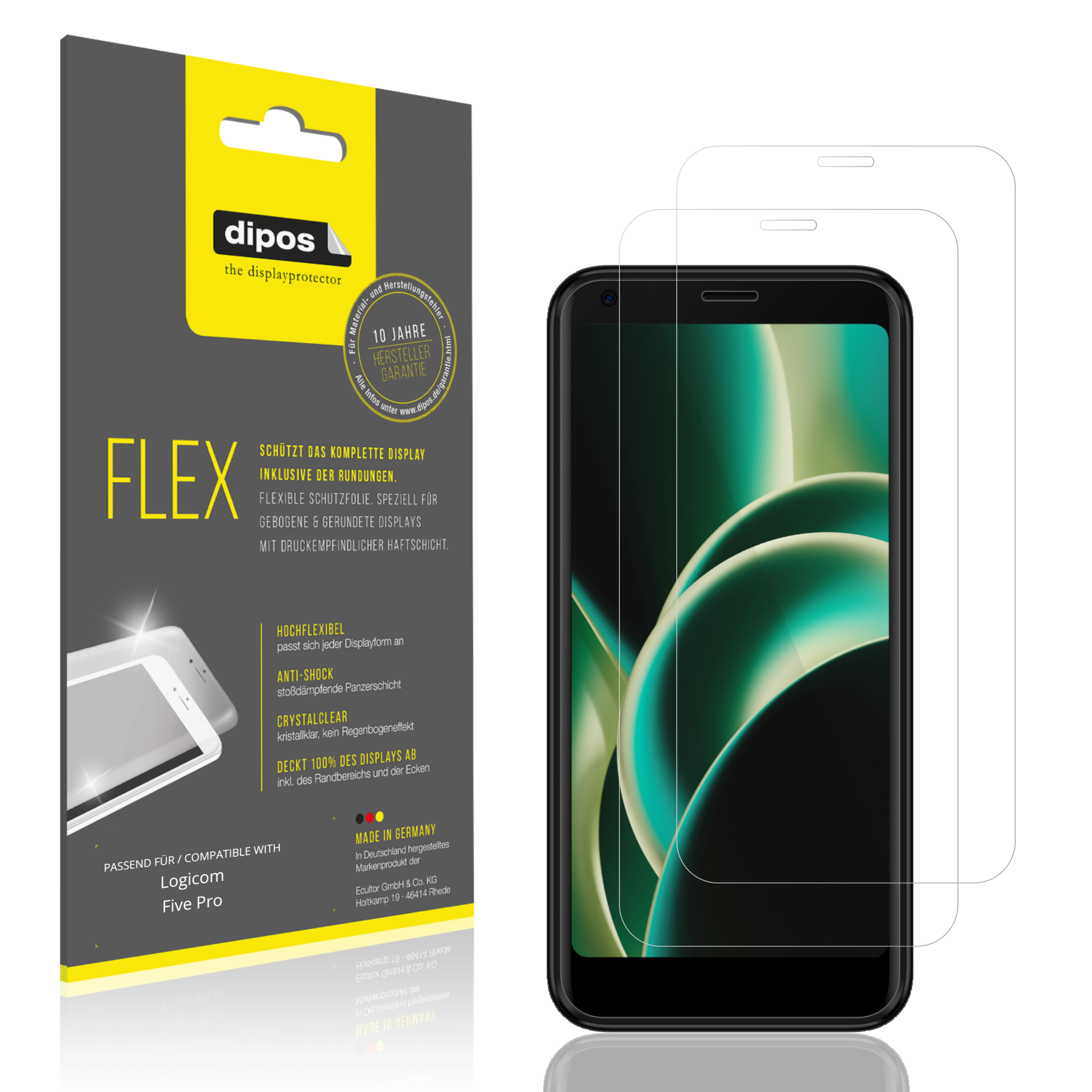 Klare Displayschutzfolie von dipos passend für Logicom Five Pro, 100% Displayabdeckung und blasenfreie Montage