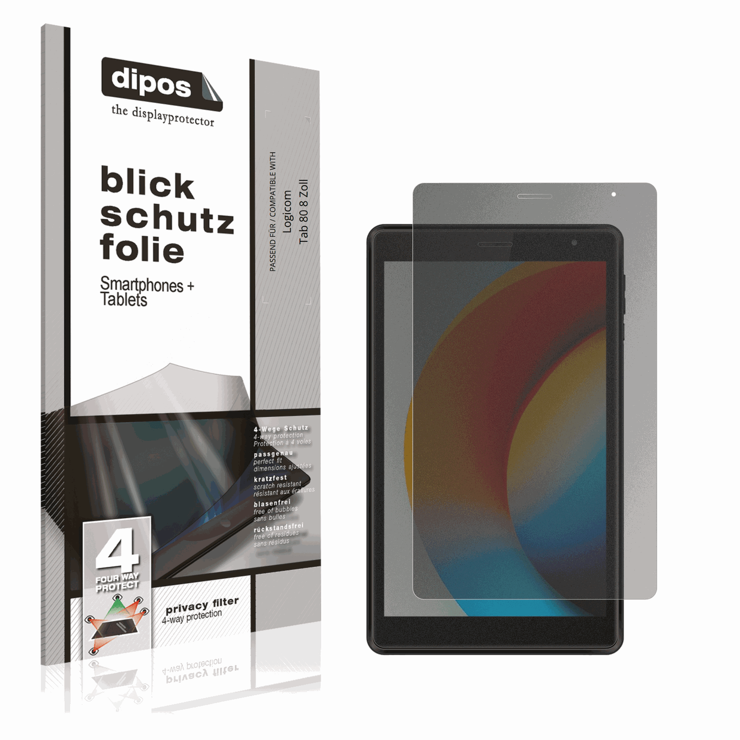 Blickschutzfolie von dipos passend für Logicom Tab 80 8 Zoll, präziser Zuschnitt und blasenfrei montiert