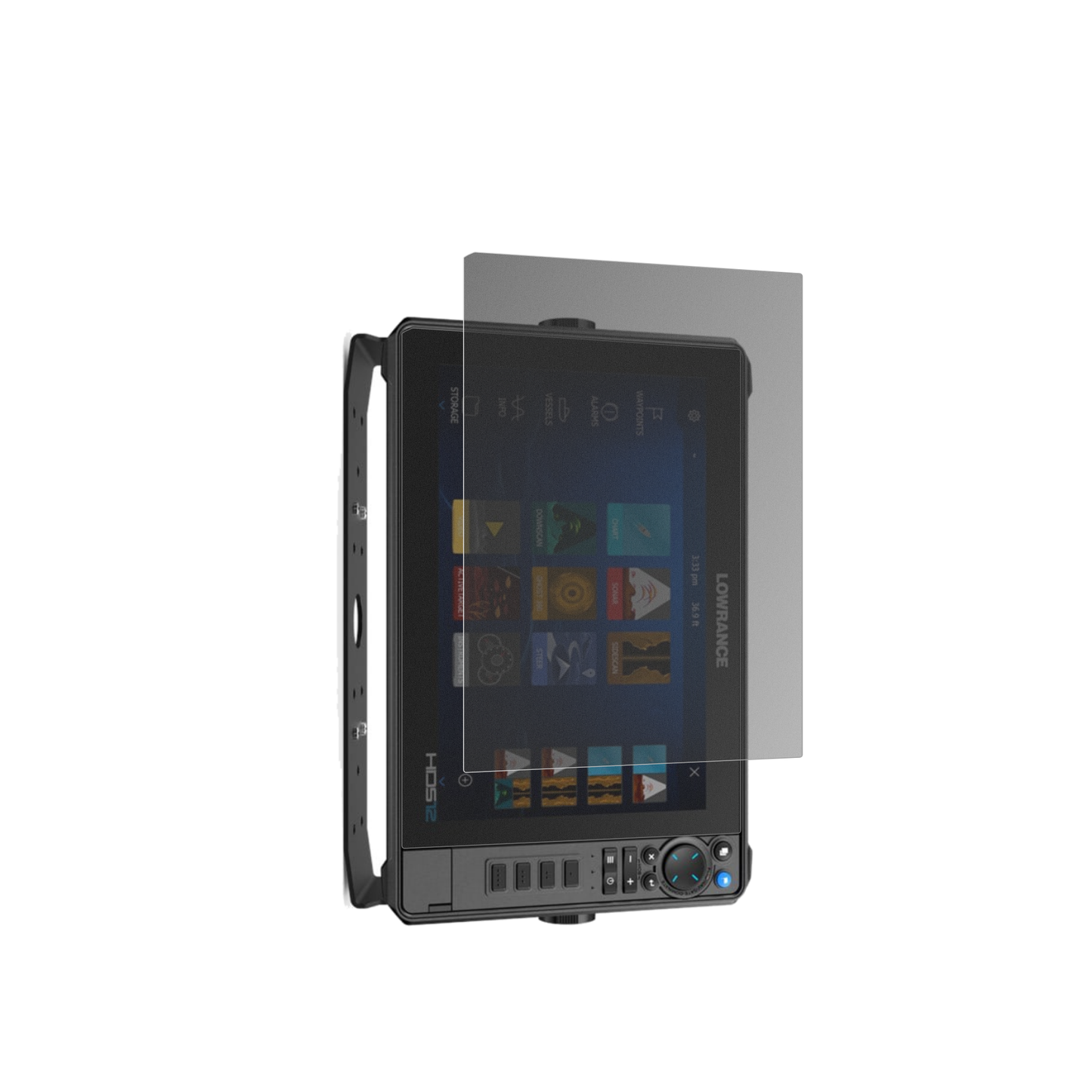 lowrancehds-12 pro mit aufgebrachtem dipos Displayschutz, der seitliche Einblicke blockiert