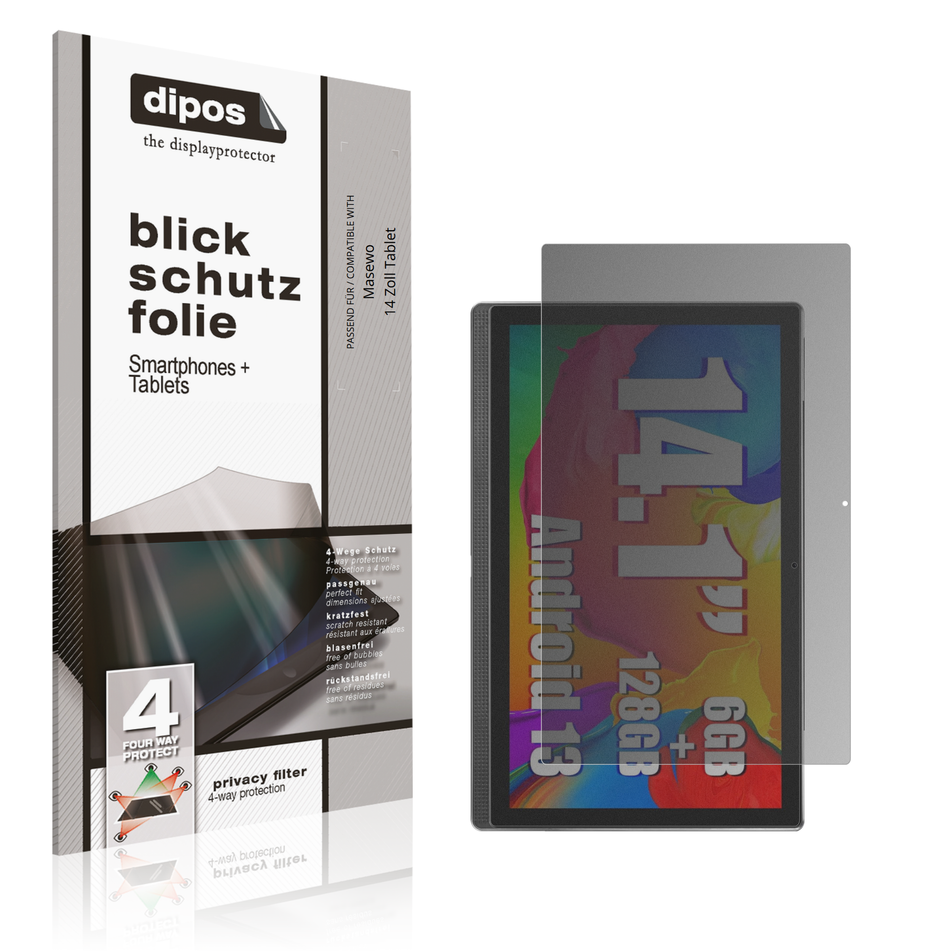 Blickschutzfolie von dipos passend für Masewo 14 Zoll Tablet, präziser Zuschnitt und blasenfrei montiert