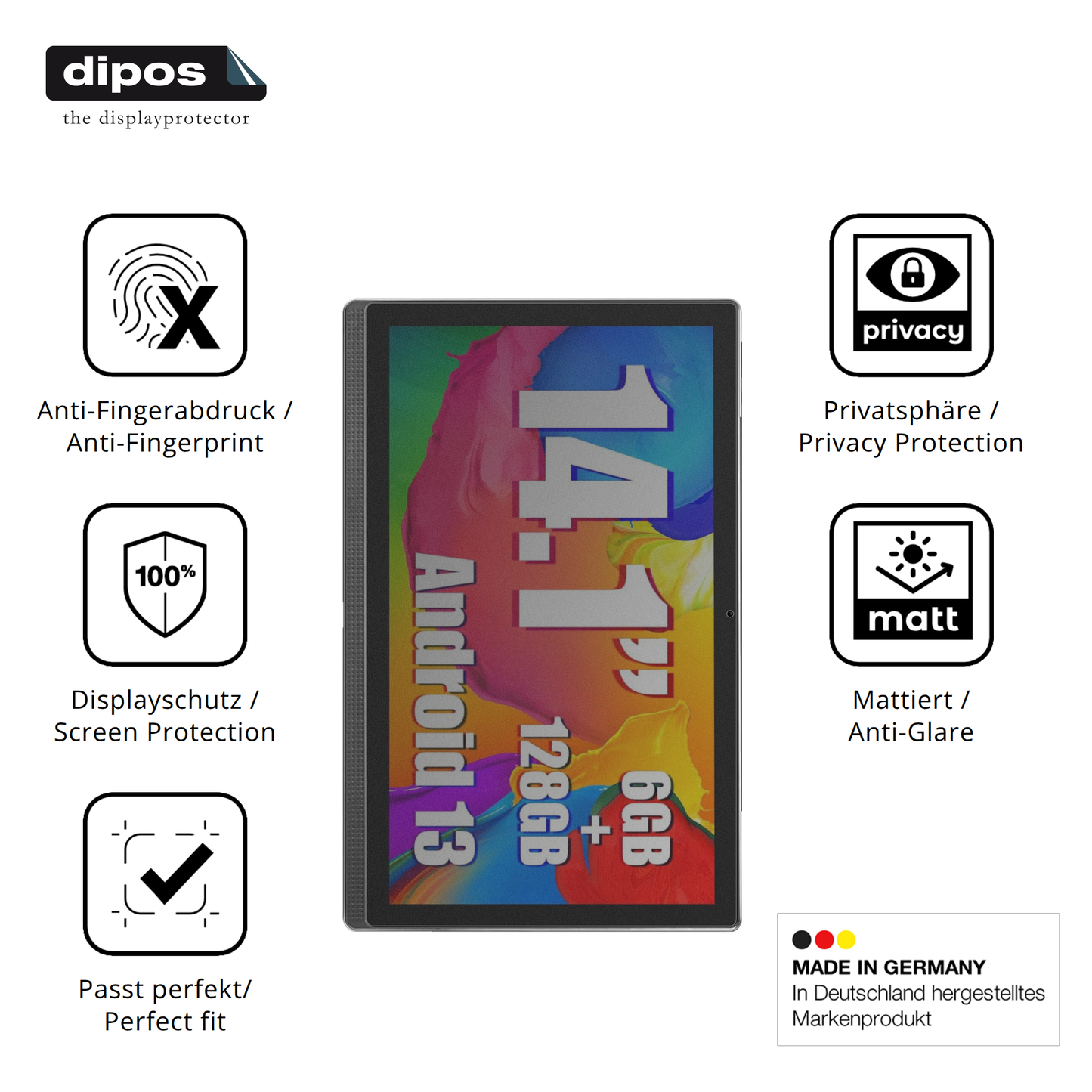 Privatsphäre-Schutz durch Sichtschutz-Folie passend zugeschnitten für Masewo 14 Zoll Tablet