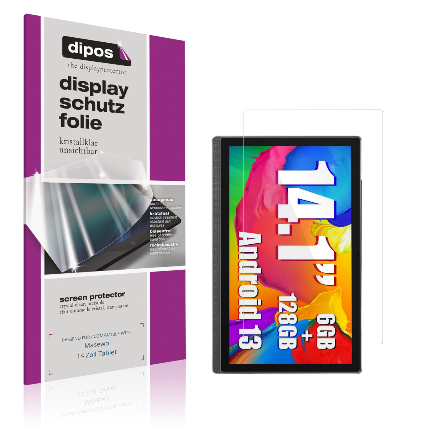 Klare Displayschutzfolie von dipos passend für Masewo 14 Zoll Tablet, präziser Zuschnitt und blasenfrei montiert