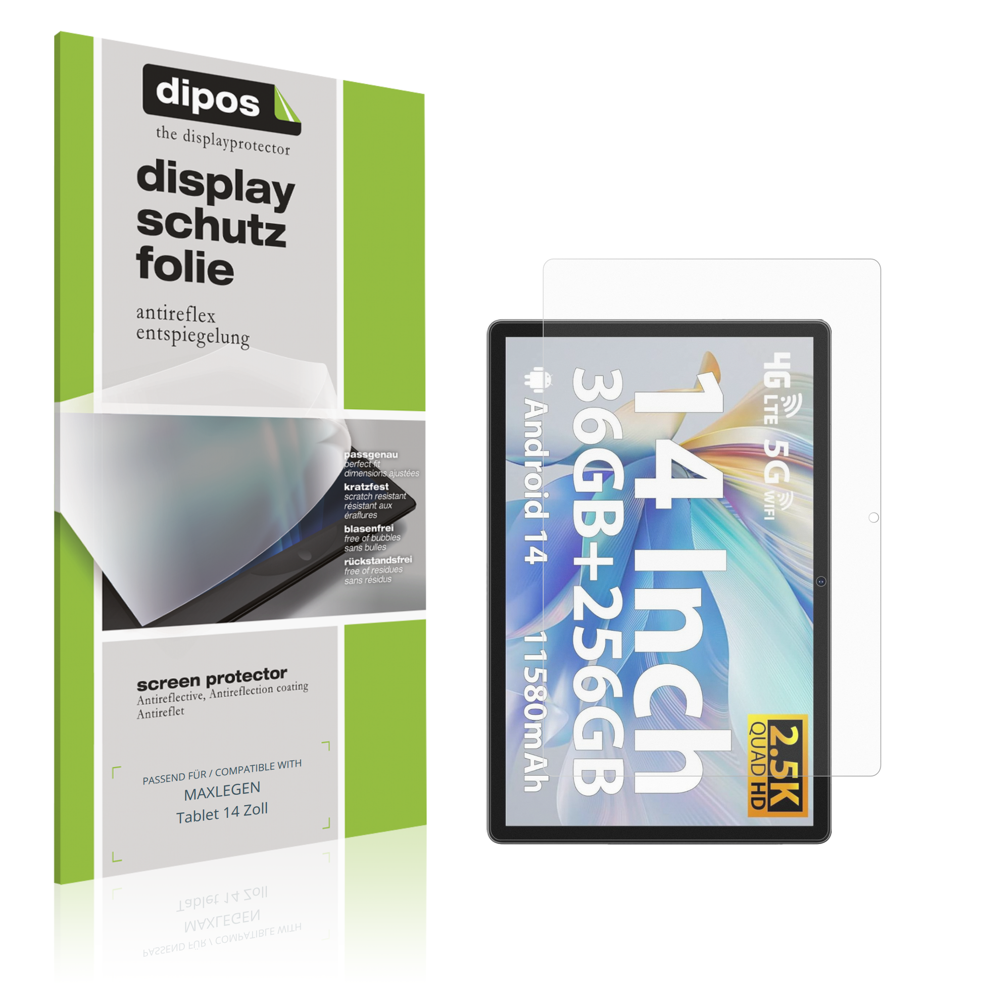 Matte Displayschutzfolie von dipos passend für MAXLEGEN Tablet 14 Zoll, präziser Zuschnitt und blasenfrei montiert